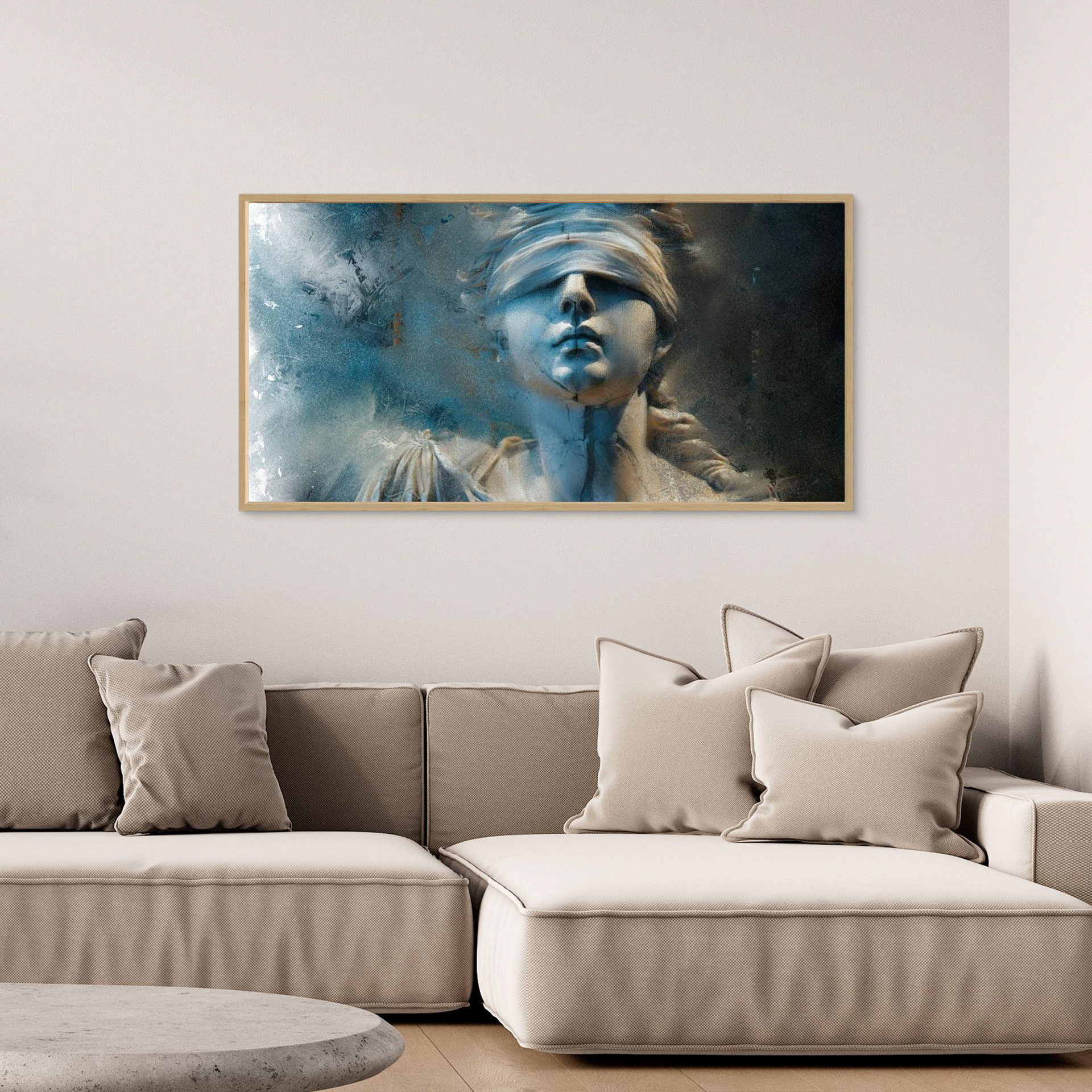Lady Justice artwork created by Robbie William for WalkinHISlight depicting Lady Justice in shades of blue to black. Blind folded figure. Available as a canvas print and paper print framed or unframed. Contemporary in style.