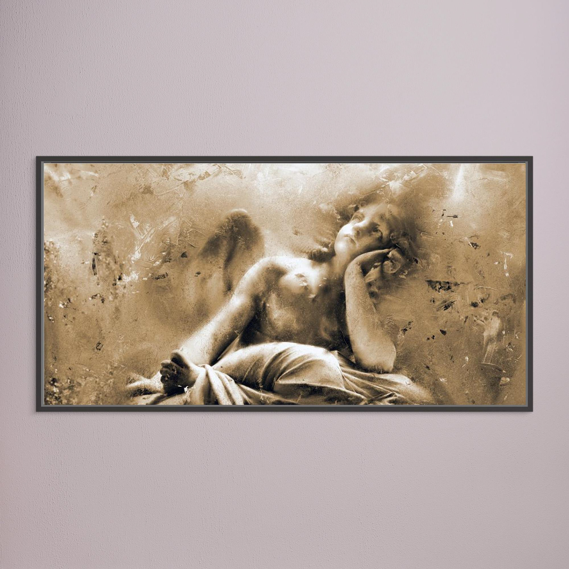Waiting on the Divine, artwork created by Robbie William for WalkinHISlight depicting an angelic figure sitting looking up. Historical in nature. Shades of white, ivory and beige to black. Available as a canvas print and paper print framed or unframed in various sizes. Contemporary/modern in style.