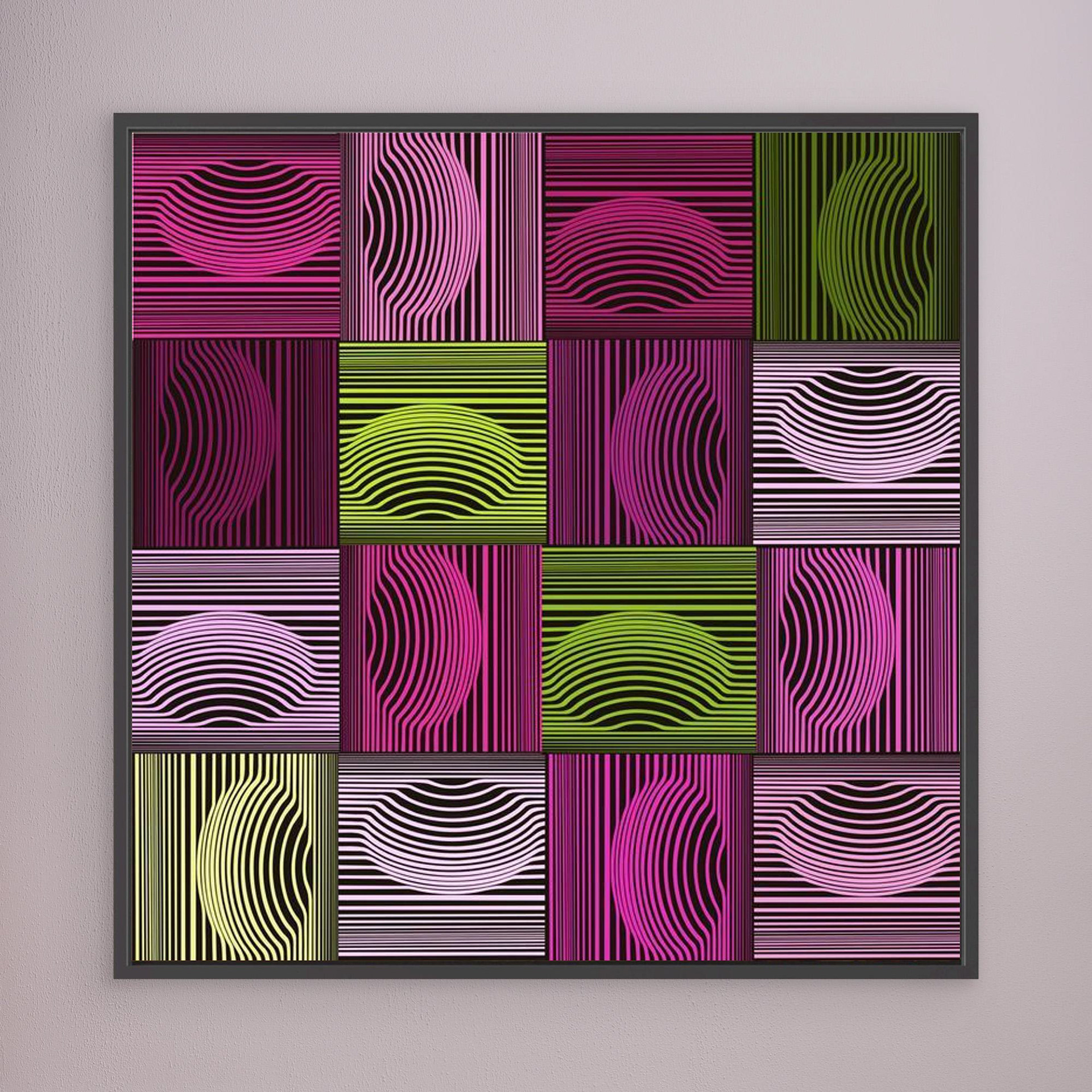 Dimple & Pimples -1 artwork created by Robbie William for WalkinHISlight depicting an abstract pattern. Shades of green and pink. Available as a canvas print and paper print framed or unframed in various sizes. Contemporary/modern in style.