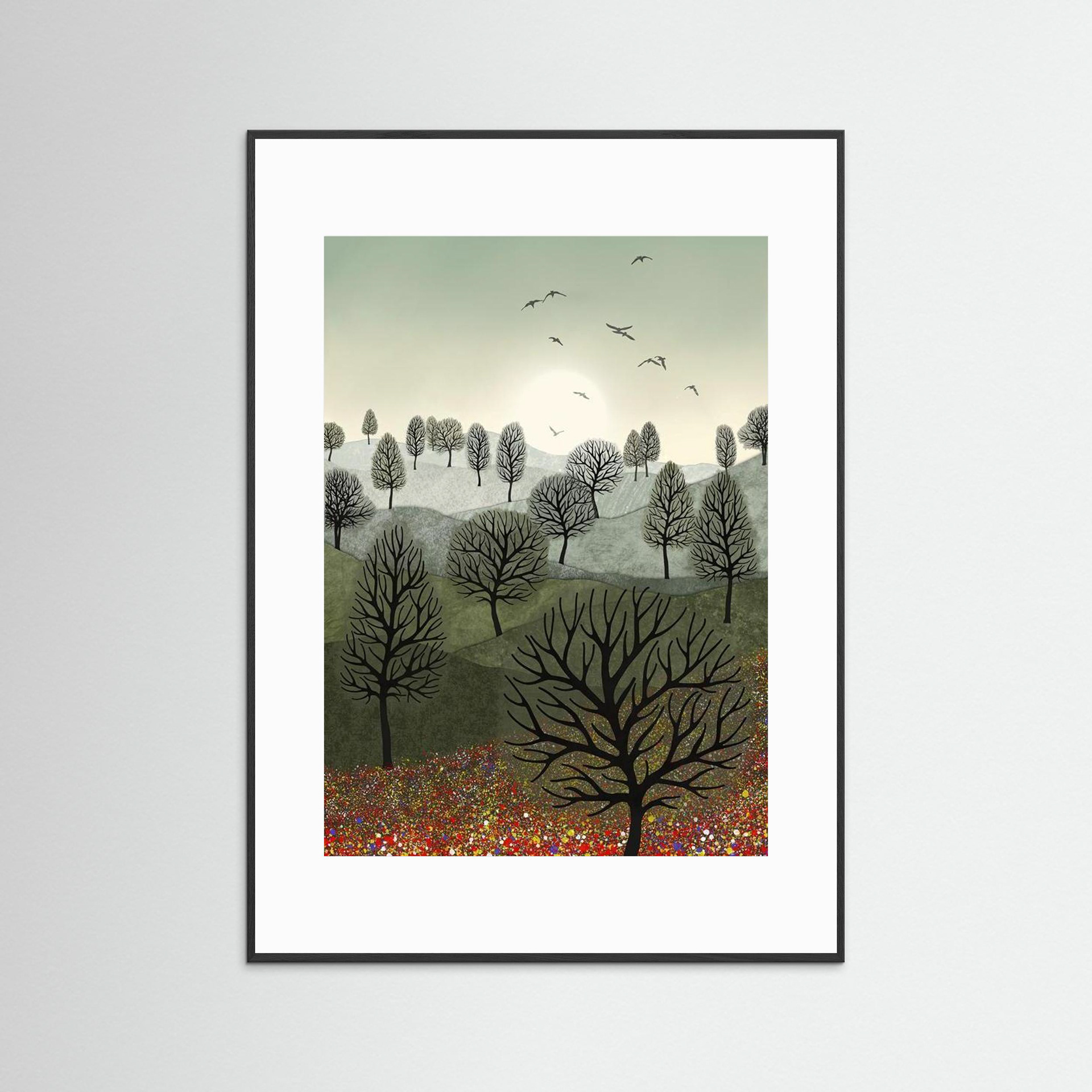 A Splash of Colour created by Robbie William for WalkinHISlight,, artwork depicting a landscape dotted with various trees with the sun shining in the background, with a field of flowers in the forground and birds flying. Reductive in nature. Shades of white, grey's, greens through to black.. Available as a canvas print and paper print framed or unframed in various sizes. Contemporary/modern in style..