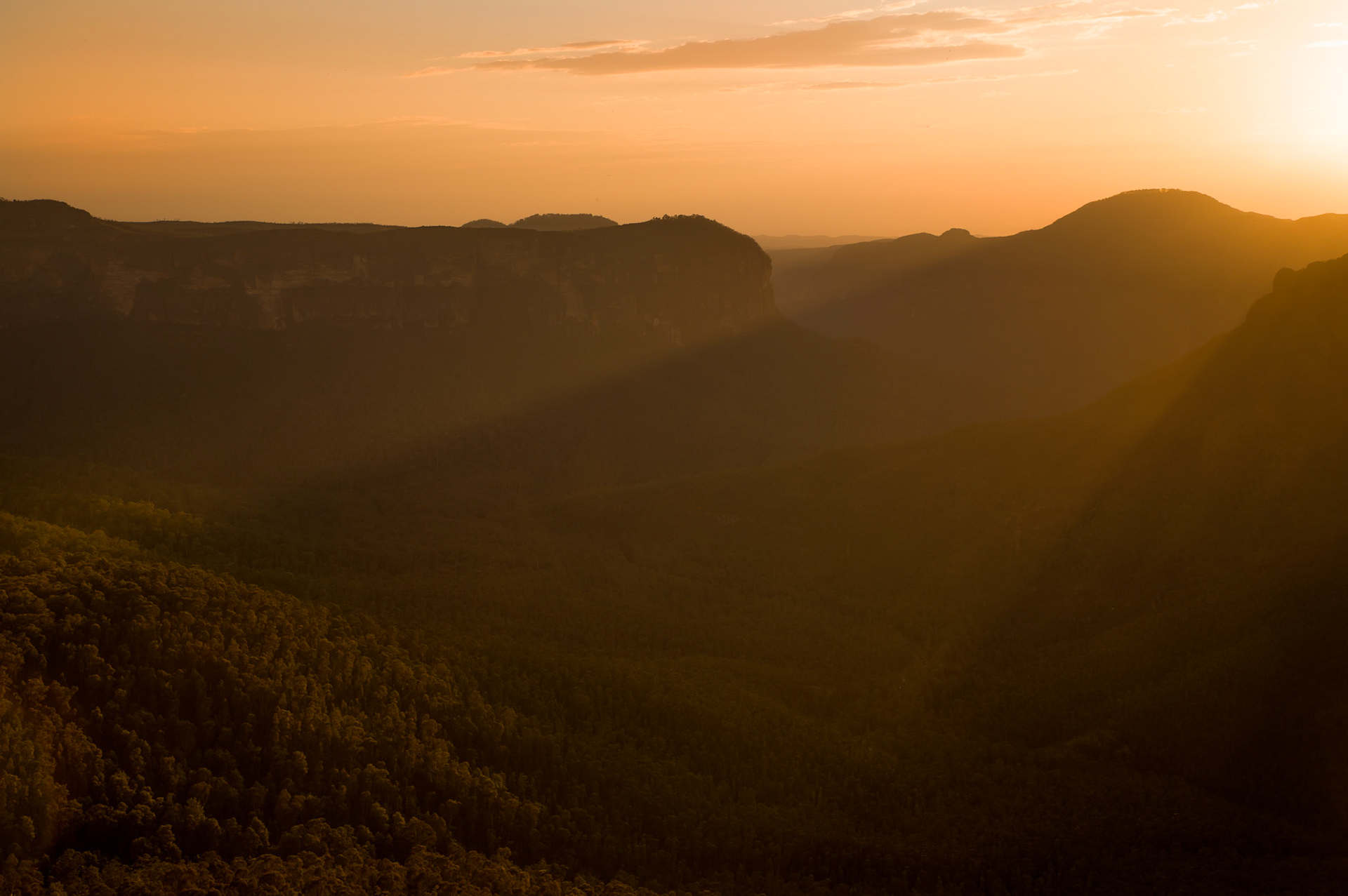 Golden rays of sunshine spilling into the Grose Valley over Mount Hay.