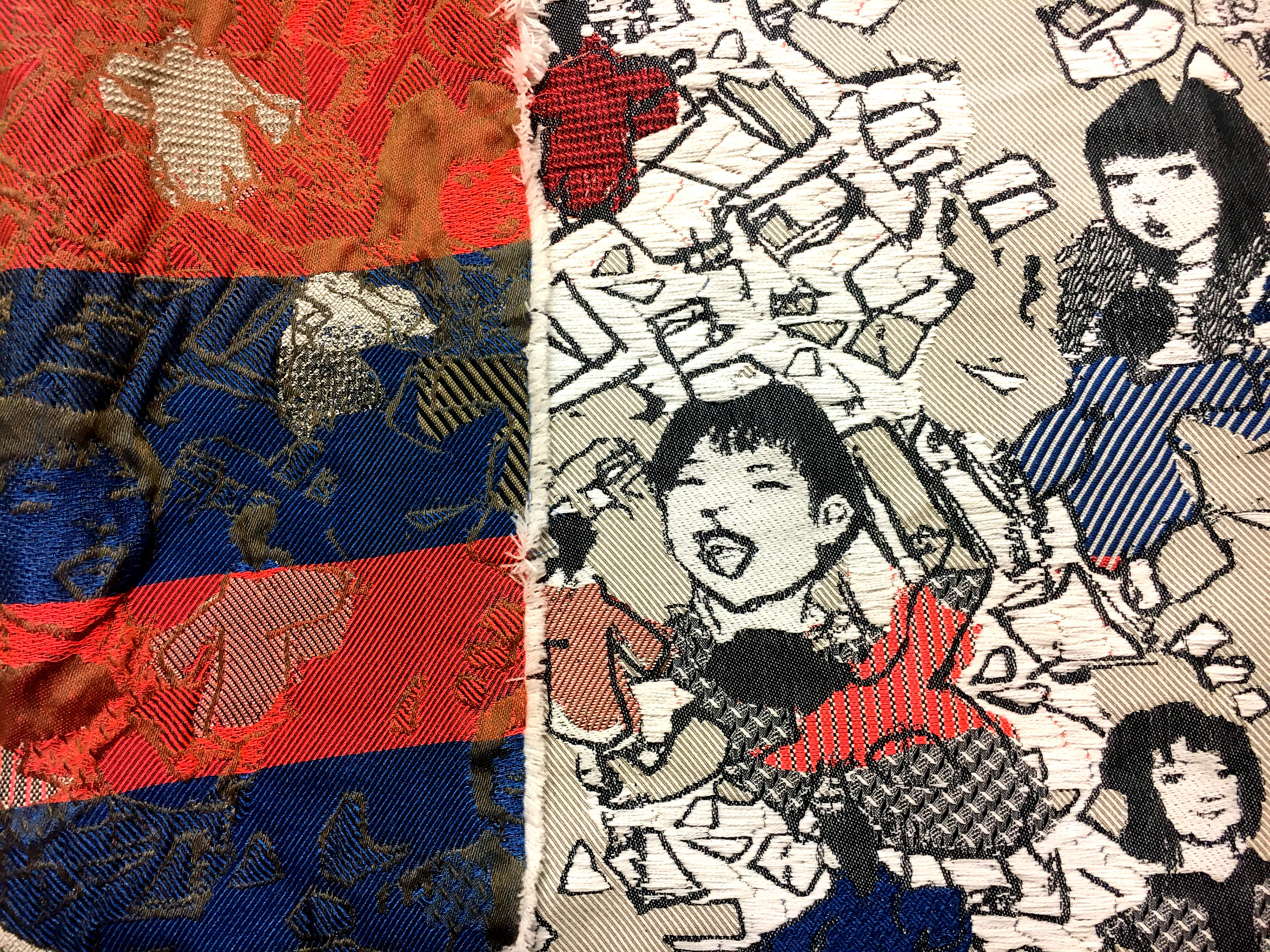 Detail of shot woven imagery and striping on back of fabric