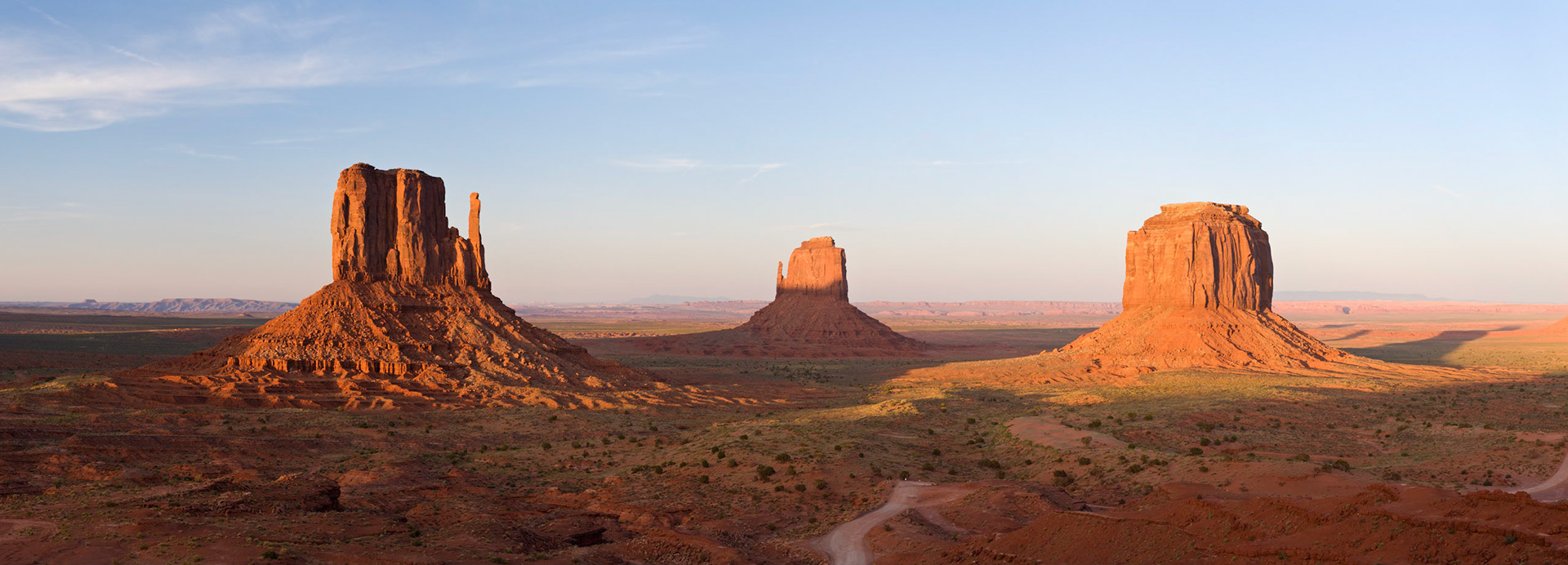 The Mittens and Merrick Butte at Sunset (Panorama), Monument Valley, Arizona / Utah