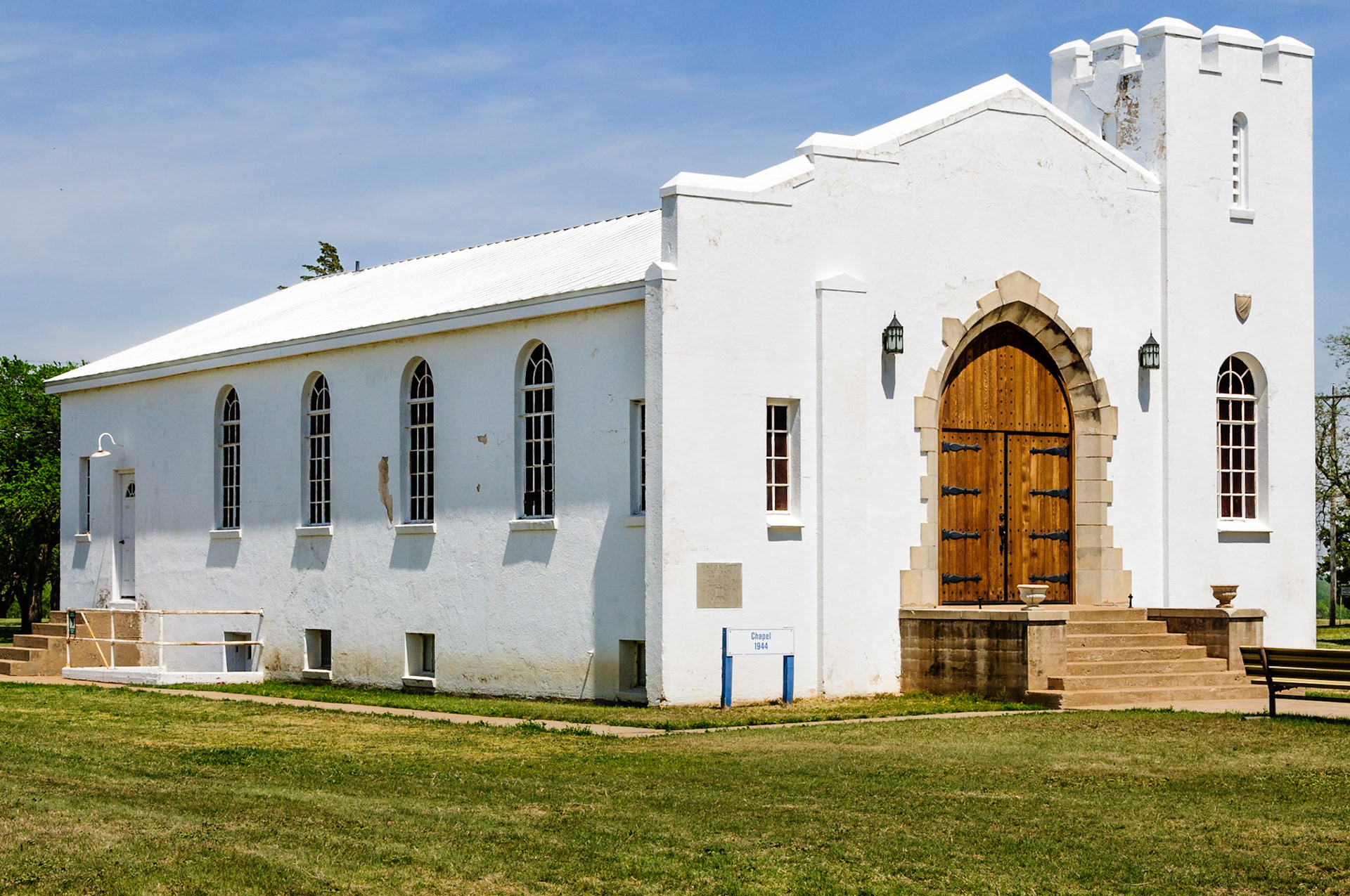 Fort Reno, named after an American General who died during the Civil War, is located near Oklahoma City and adjacent to El Reno and Historic Route 66. For almost seventy-five years it served as a military post during the Indian Nation relocation, assisted with the transition from Indian Territory to the State of Oklahoma, was used as a remount station that provided horses and mules to the US Army, provided support for the (WWII) war effort, and finally as internment camp for German and Italian prisoners of war. This Post Chapel, which is still used today for wedding ceremonies and so forth,  was contructed in 1944 by German prisoners of war.