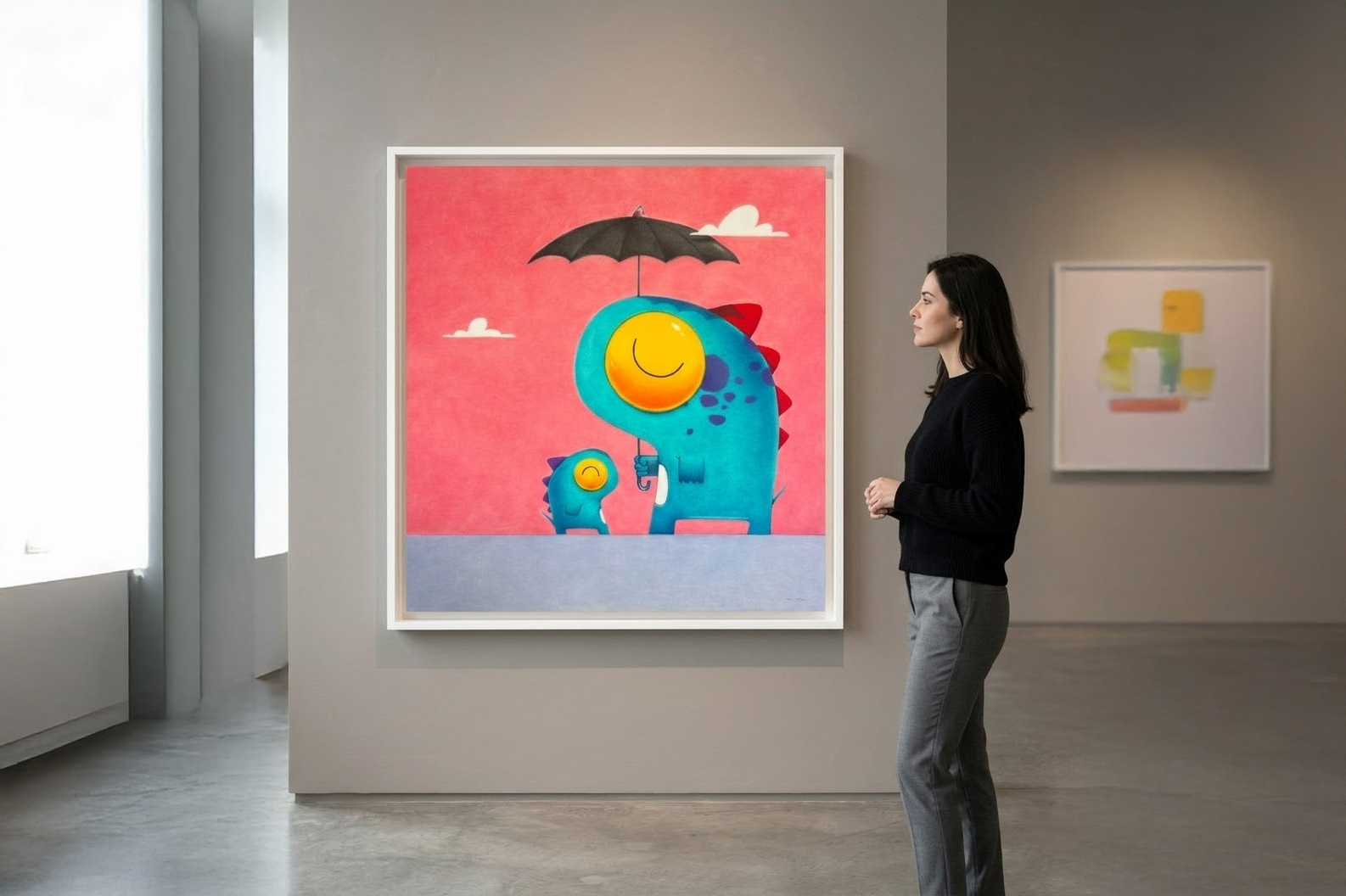 Original painting by Oscar Llorens from the Miradas series, represented by Maddox Gallery. Feature a larger blue creature with a yellow smiling-face eye, purple spots, and red dorsal spikes, holding a black umbrella with a party hat over a smaller version of itself. Set against a textured pink background with soft clouds. Pop Surrealism, acrylic on canvas panel, and contemporary character design.