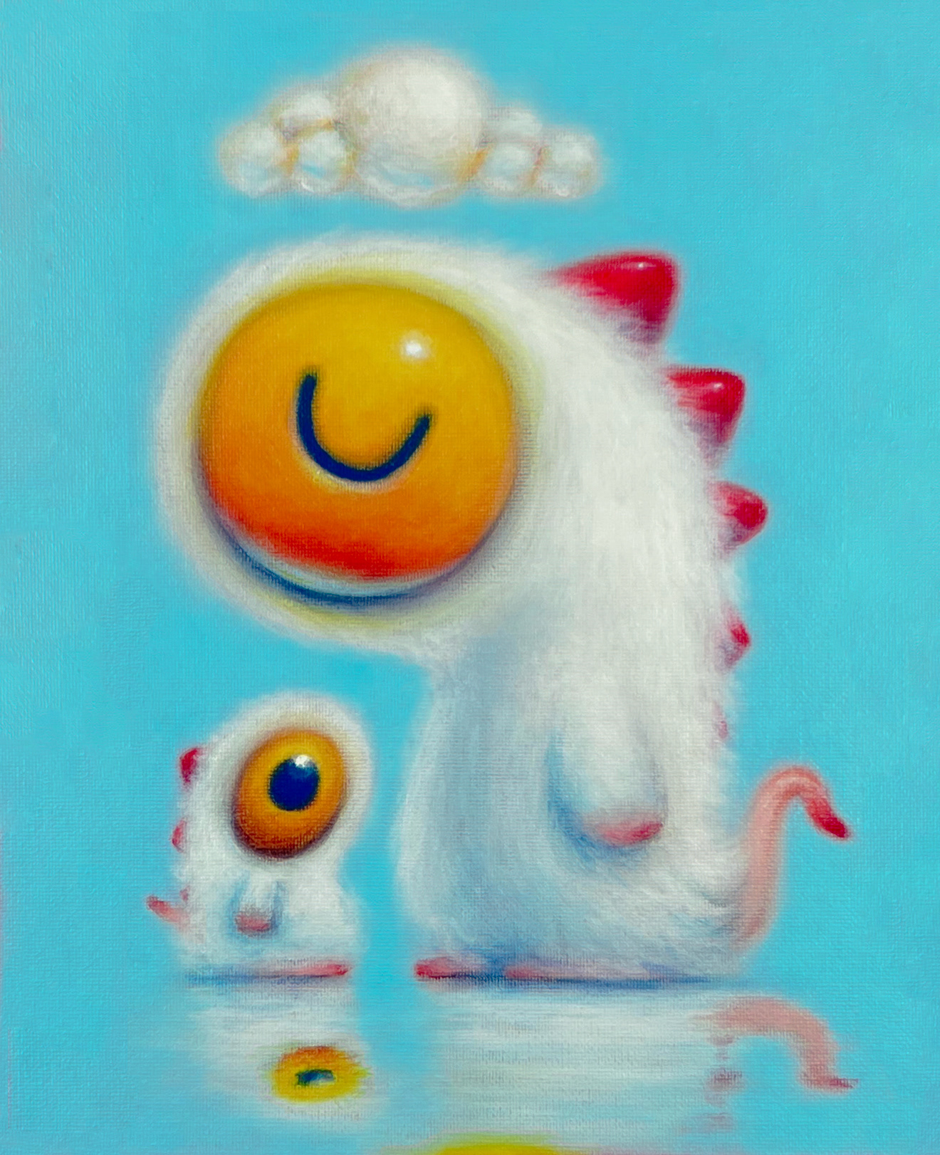 Close-up detail of 'Care' by Oscar Llorens. Focus on the character design and brushwork. Part of the Miradas series, represented by Maddox Gallery. Figurative pop surrealism and oneiric narrative.