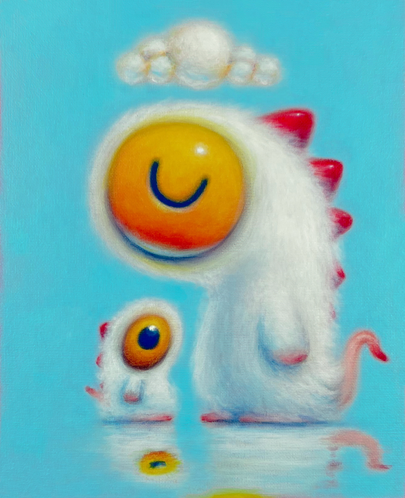 "Care" - Original painting by Oscar Llorens from the Miradas series. Two fantastic, white furry creatures with large, prominent eyes (orange and blue), under a fluffy cloud with a subtle halo effect, set against a soft light blue background. Pop surrealism character design.