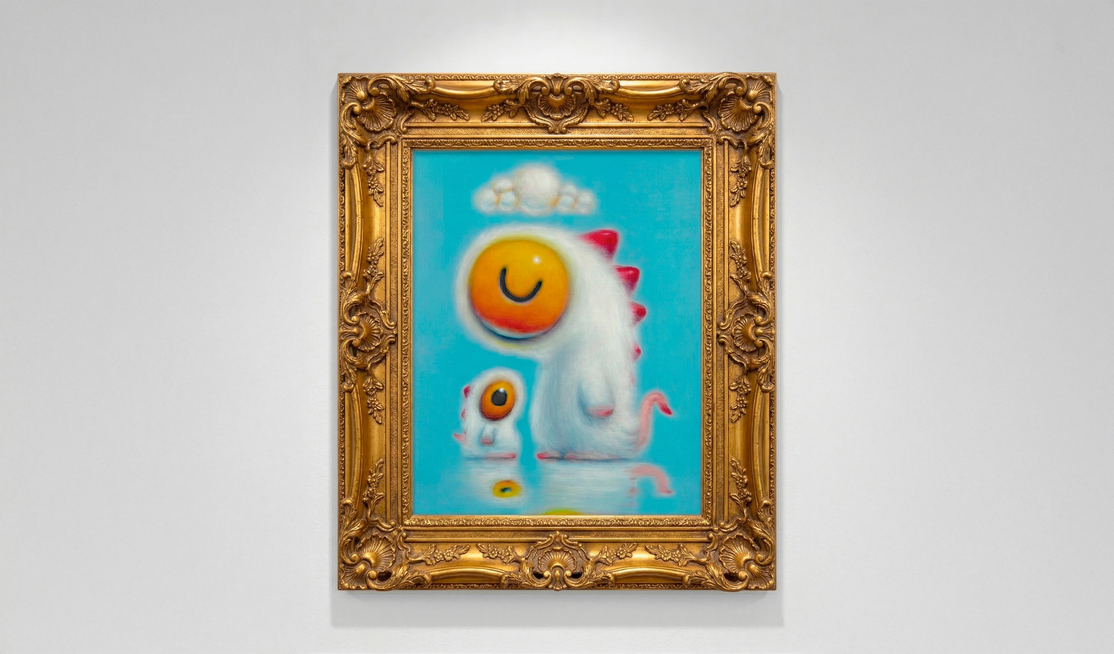 Original painting 'Care' by Oscar Llorens. Miradas Series. Two white furry fantastic creatures with large expressive eyes (orange and blue) under a soft cloud. Pop Surrealism, acrylic on canvas panel, contemporary art.