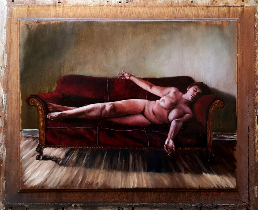Leanne Olivier_Comfy Couch Crucifixion_2019_54x44cm_Oil paint on wood