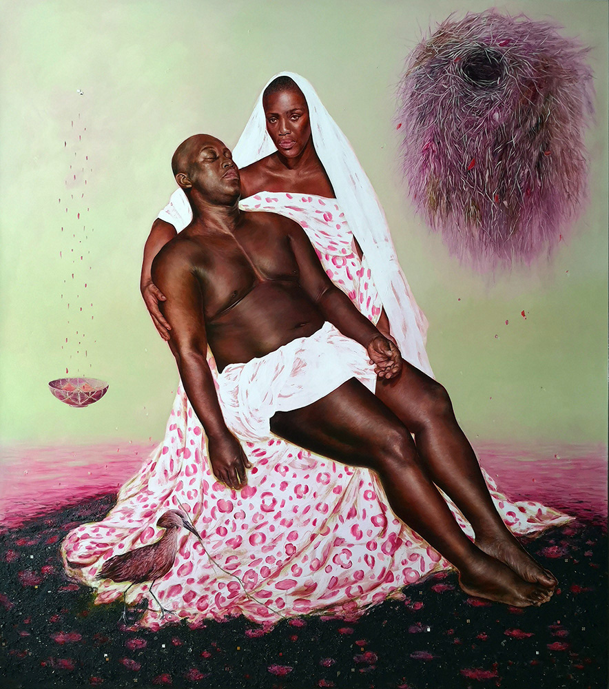 Leanne Olivier_Indunduma_2023_260x230cm_Oil, charcoal, mica & fabric on canvas