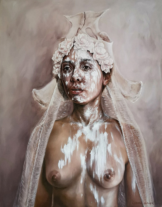 Leanne Olivier_Bone & flower wreath_2020_130x100cm_Hematite & Oil on canvas
