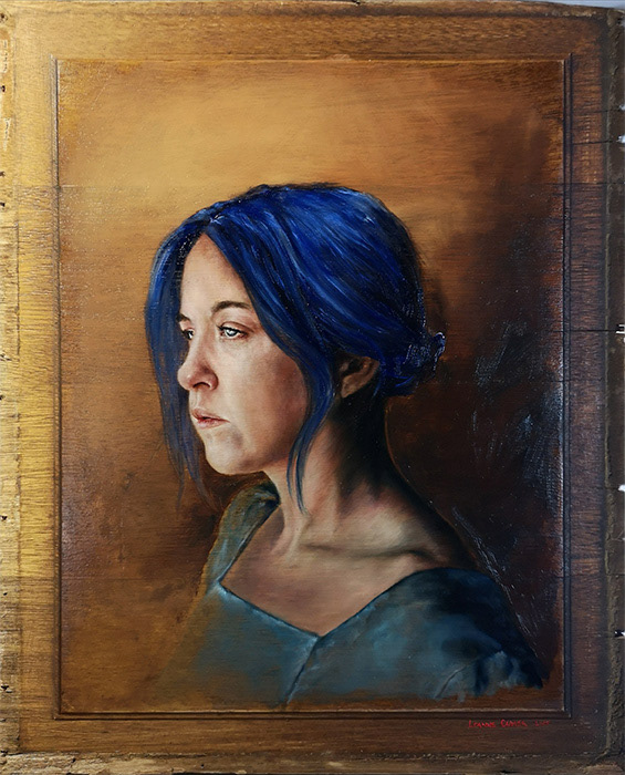Leanne Olivier_Girl with blue hair_2019_54x44cm_Oil paint on wood