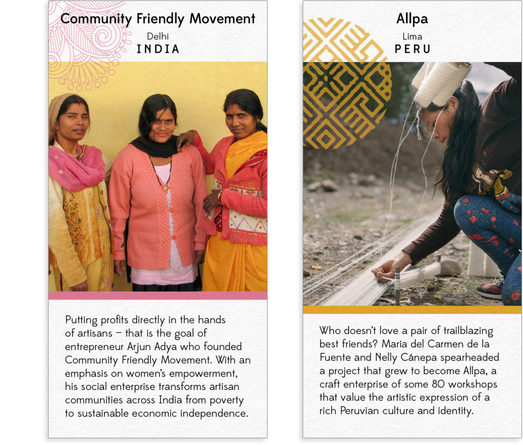 Story cards highlight global artisan workshops and impact