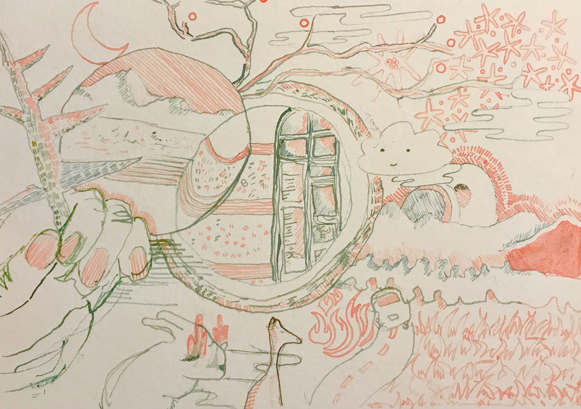 olivia's dreamworld, thorn pen with discarded gouache, 2020