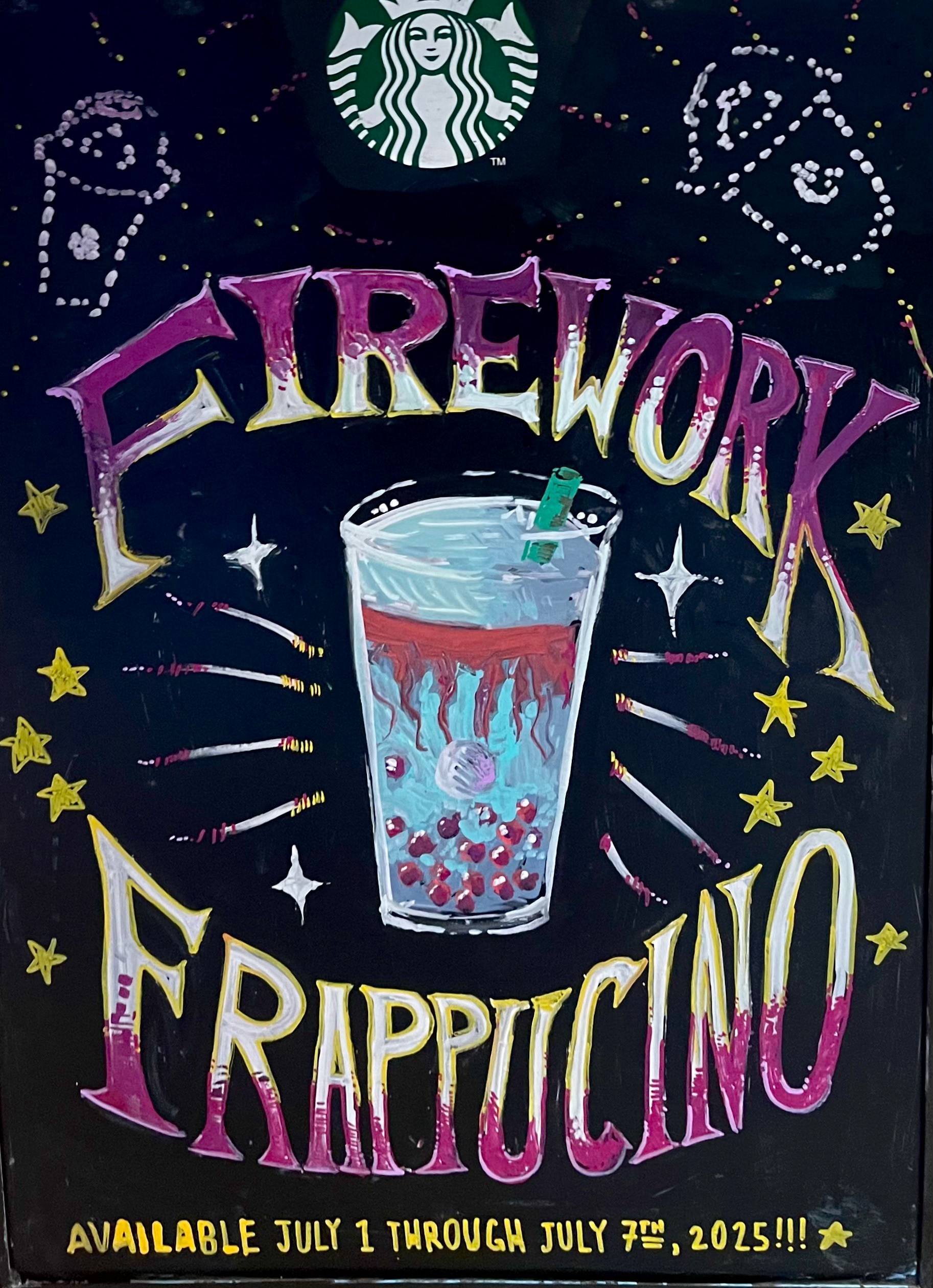 Summer 2025 Firework Frappucino Promotional A-Frame