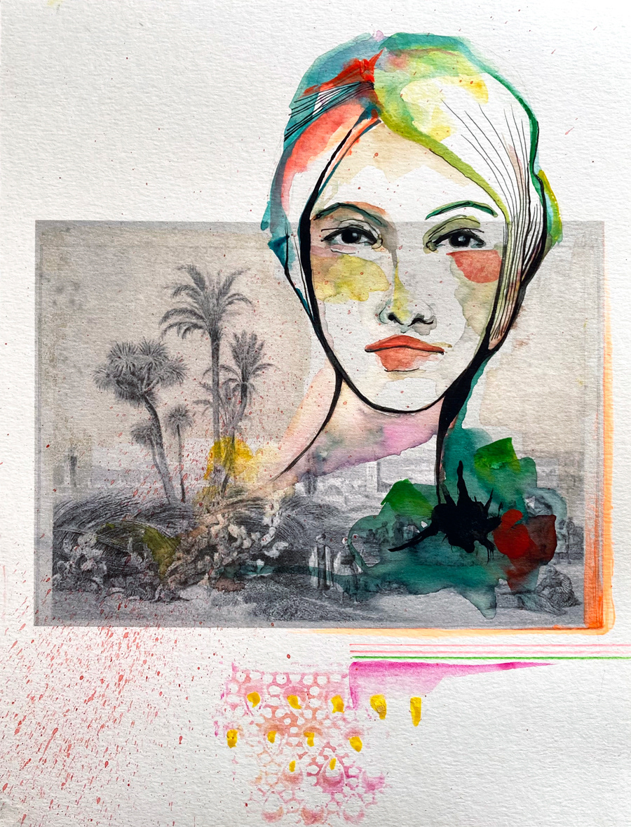 Portrait d’archive, Maroc 1948 - Aquarelle, encre et acrylique sur tirage photo Papier aquarelle 220g - 27,5 x 20 cm / 35,5 x 27,5 cm encadré - Encadrement bois - 2021 -  Vendu