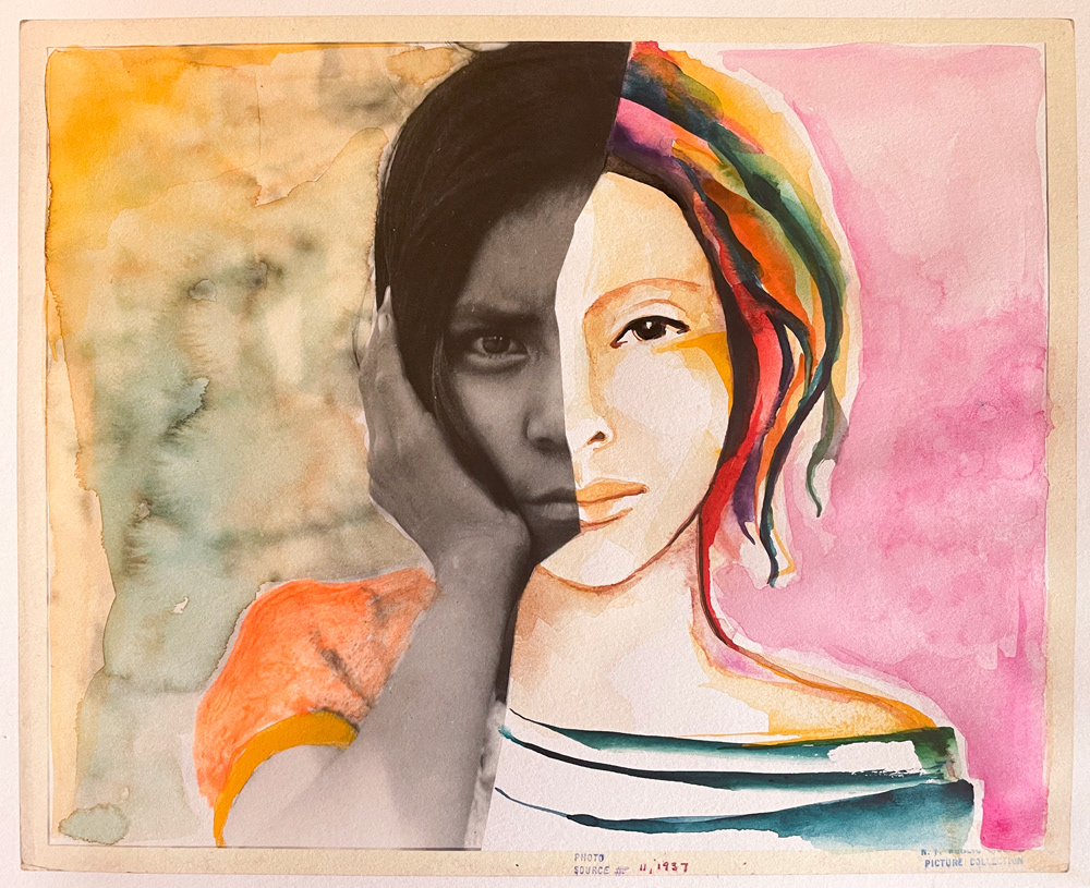 Étude pour un portrait d'archive - Mixmédia sur papier canson A4 format paysage, aquarelle et encre sur impression de photo d'archive issue de la New York Public Library