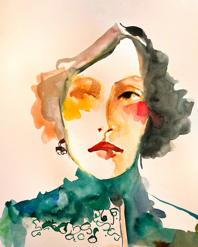 Gabrielle - Aquarelle et encre sur papier beige cartonné - 28 x 21 cm