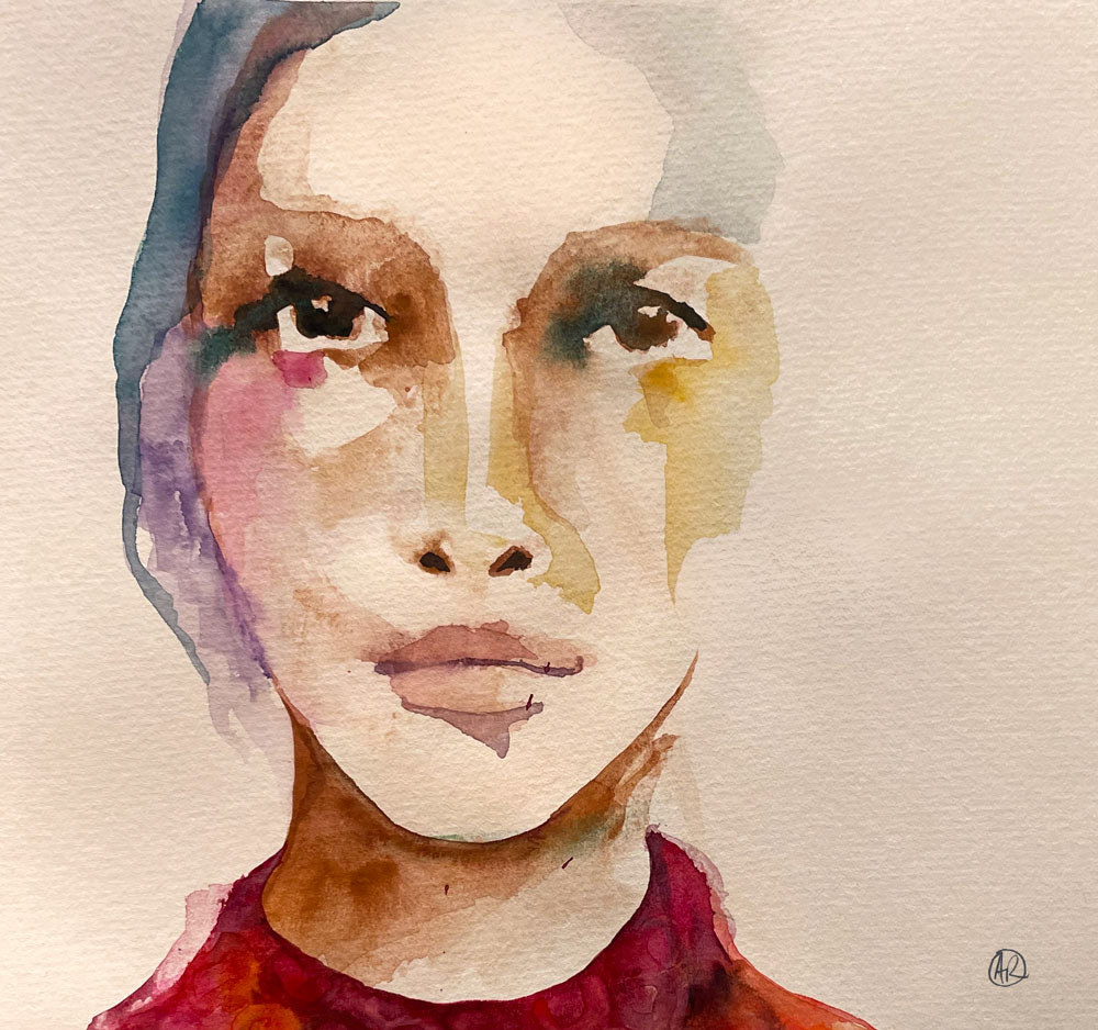 Je te crois - Aquarelle sur papier aquarelle Hahnemühle beige 300g - 18,5 x 20,5 cm - 2024 Encadrement bois (28 x 36 cm) - Vendu