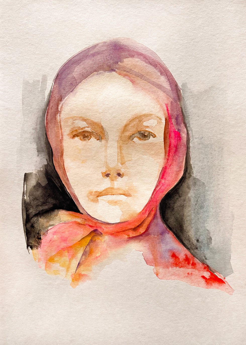 L'autre fille au foulard - Aquarelle et encre sur papier trouvé - 28 x 20 cm
