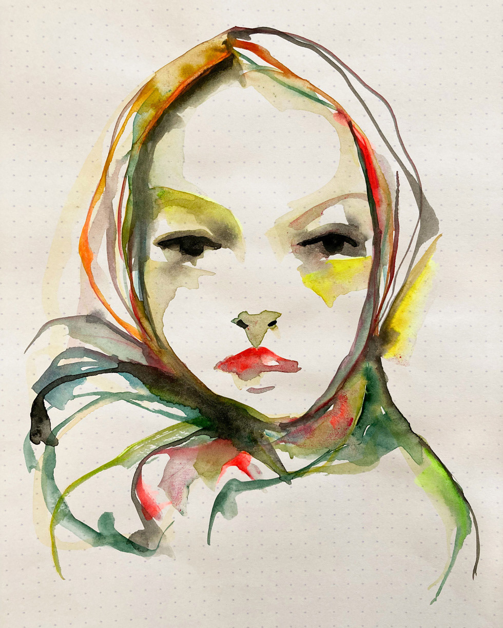 La fille au foulard - Aquarelle et encre sur papier trouvé - 28 x 20 cm