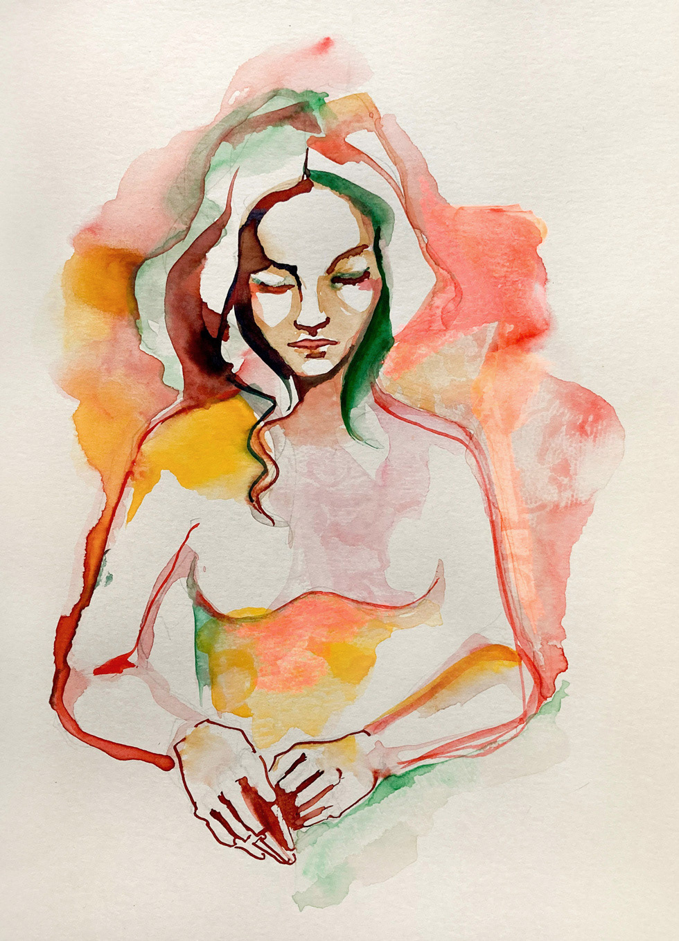 Here and now - Aquarelle et encre sur papier beige cartonné 250g - 40 x 30 cm