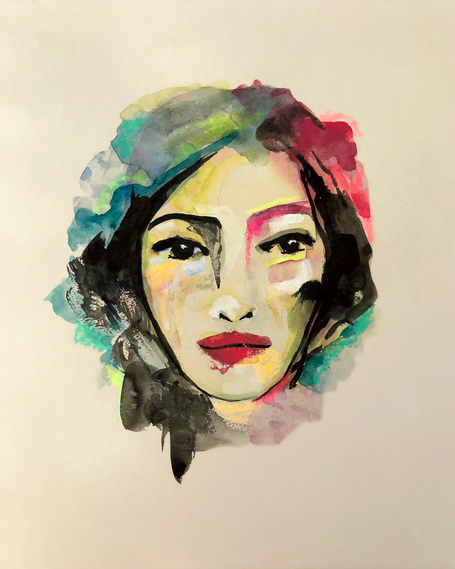 Barbara - Aquarelle et encre sur papier beige cartonné 250g - 28 x 22 cm - 2020 - Encadrement bois - Vendue