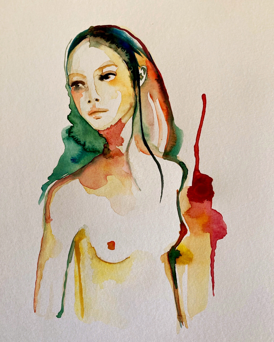 Sarah (buste) - Aquarelle, encre et café sur papier aquarelle blanc 300g - 28 x 20 cm - 2021 - Encadré (cadre bois noir) - Vendu