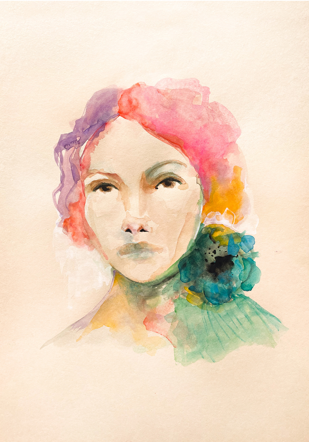 Minouche - Aquarelle et encre sur papier beige cartonné 250g  - 37 x 30 cm - 2023 - Encadrement bois (40 x 33 cm)