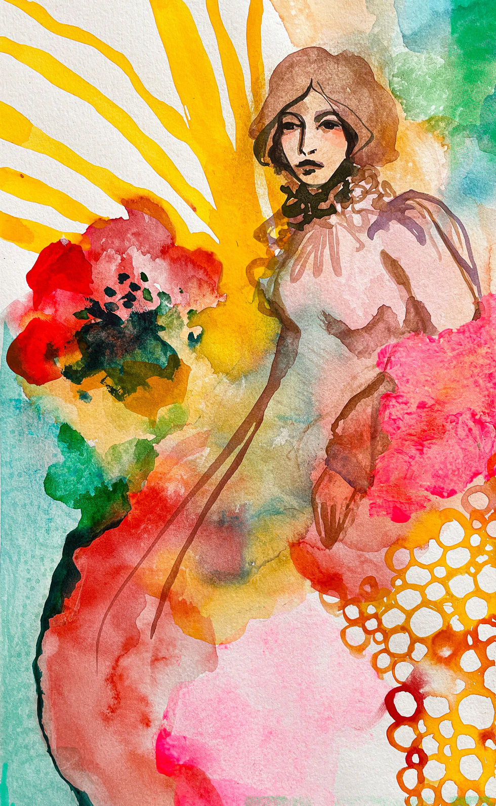 La gardienne - Reproduction sur tissu d'une peinture à l'aquarelle et à l'encre.  Impression sur tissu 100% coton 59g - 153 x 84 cm montée sur baguette de bois - 2024 Signature brodée