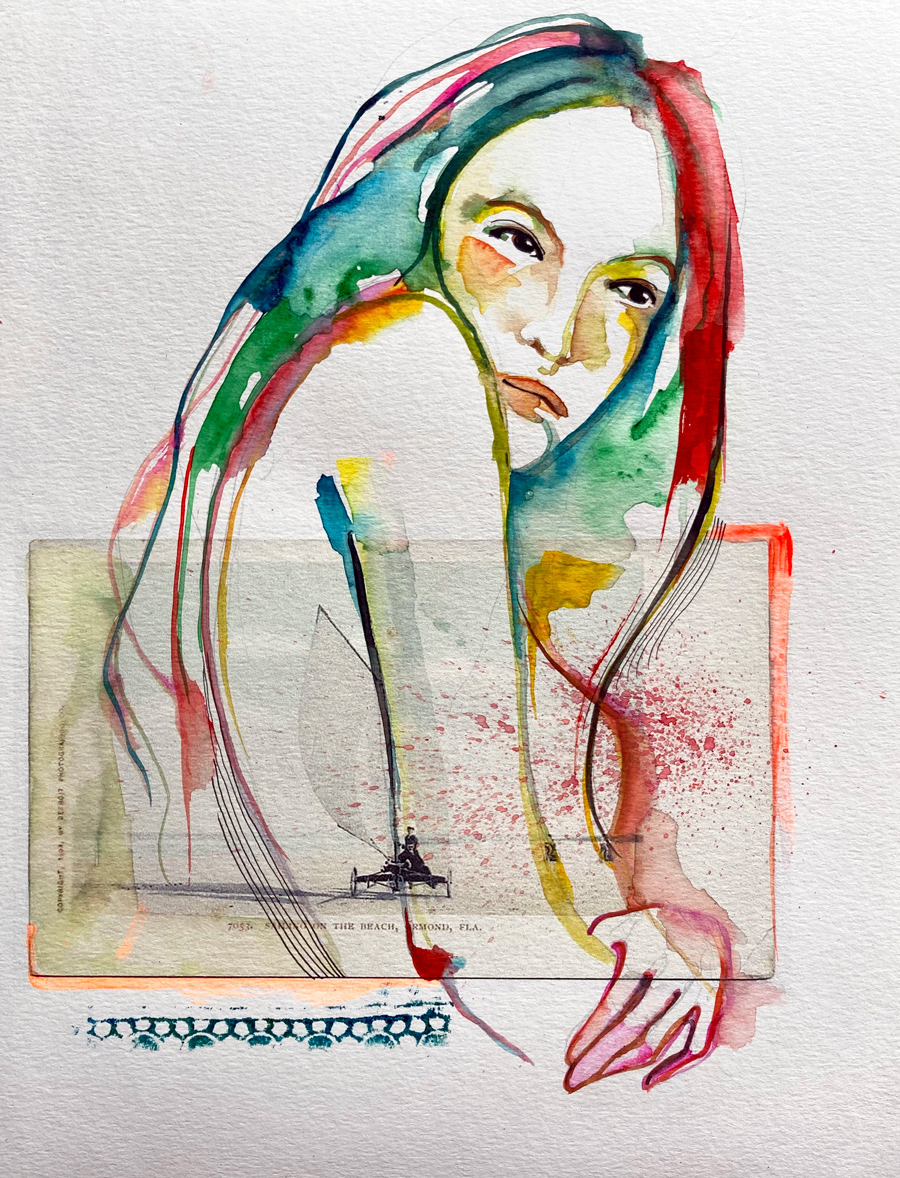 Portrait d'archive  Sailing on Ormond Beach, Florida 1903 - Aquarelle, encre et acrylique sur tirage photo - Papier aquarelle 220g - 27,5 x 20 cm / 35,5 x 27,5 cm encadré - Encadrement bois - 2021 