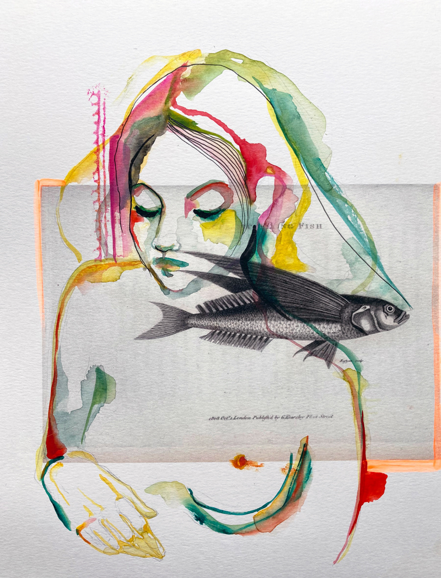 Portrait d'archive  Oceanic Flying Fish, engraving 1809 - Aquarelle, encre et acrylique sur tirage photo Papier aquarelle 220g - 27,5 x 20 cm / 35,5 x 27,5 cm encadré - Encadrement bois - 2021