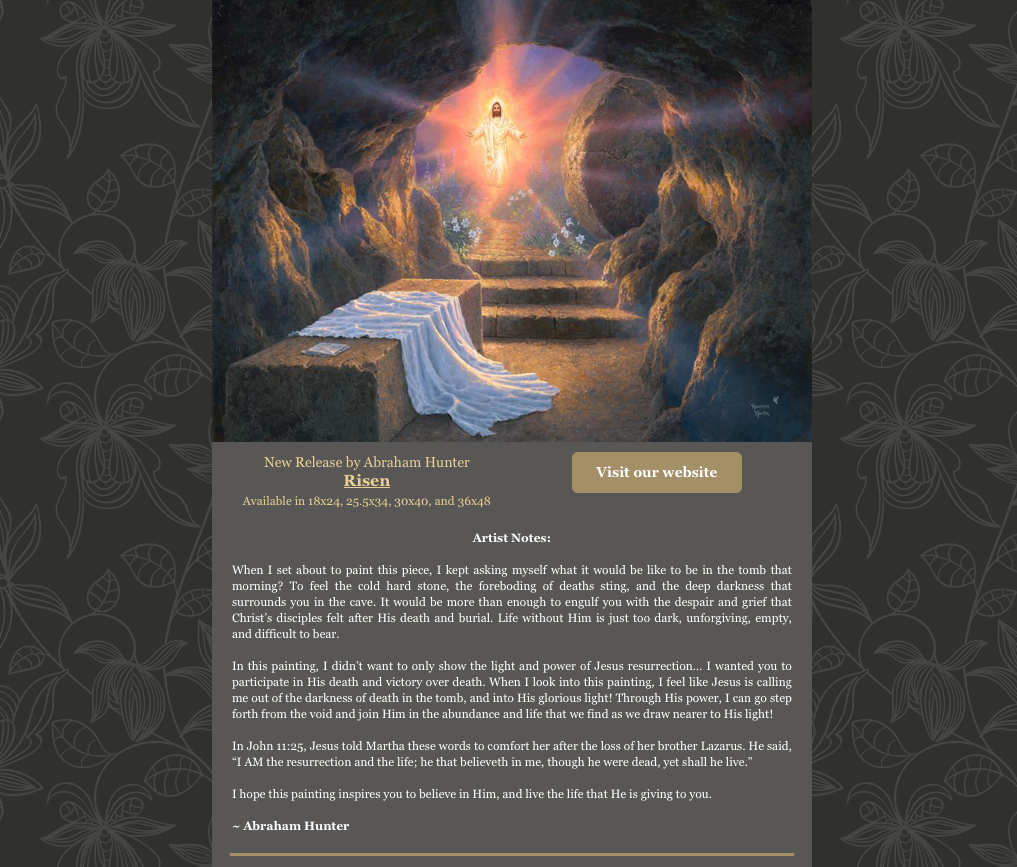 Artist-release email for Risen by Abraham Hunter · Email design, image preparation, and gallery communications