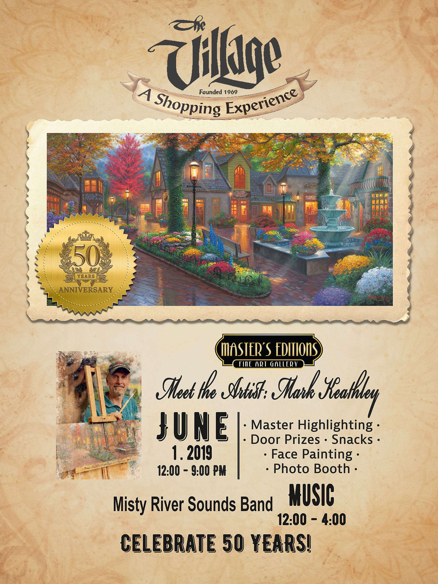 The Village’s 50th celebration · Promotional design featuring artwork by Mark Keathley
