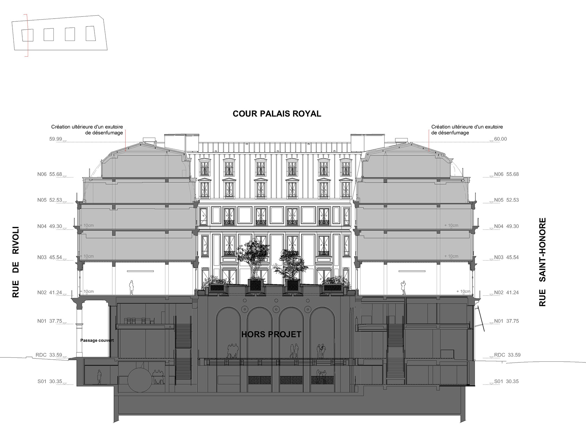 Coupe transversale sur la cour du Palais Royal © MO///Architectes