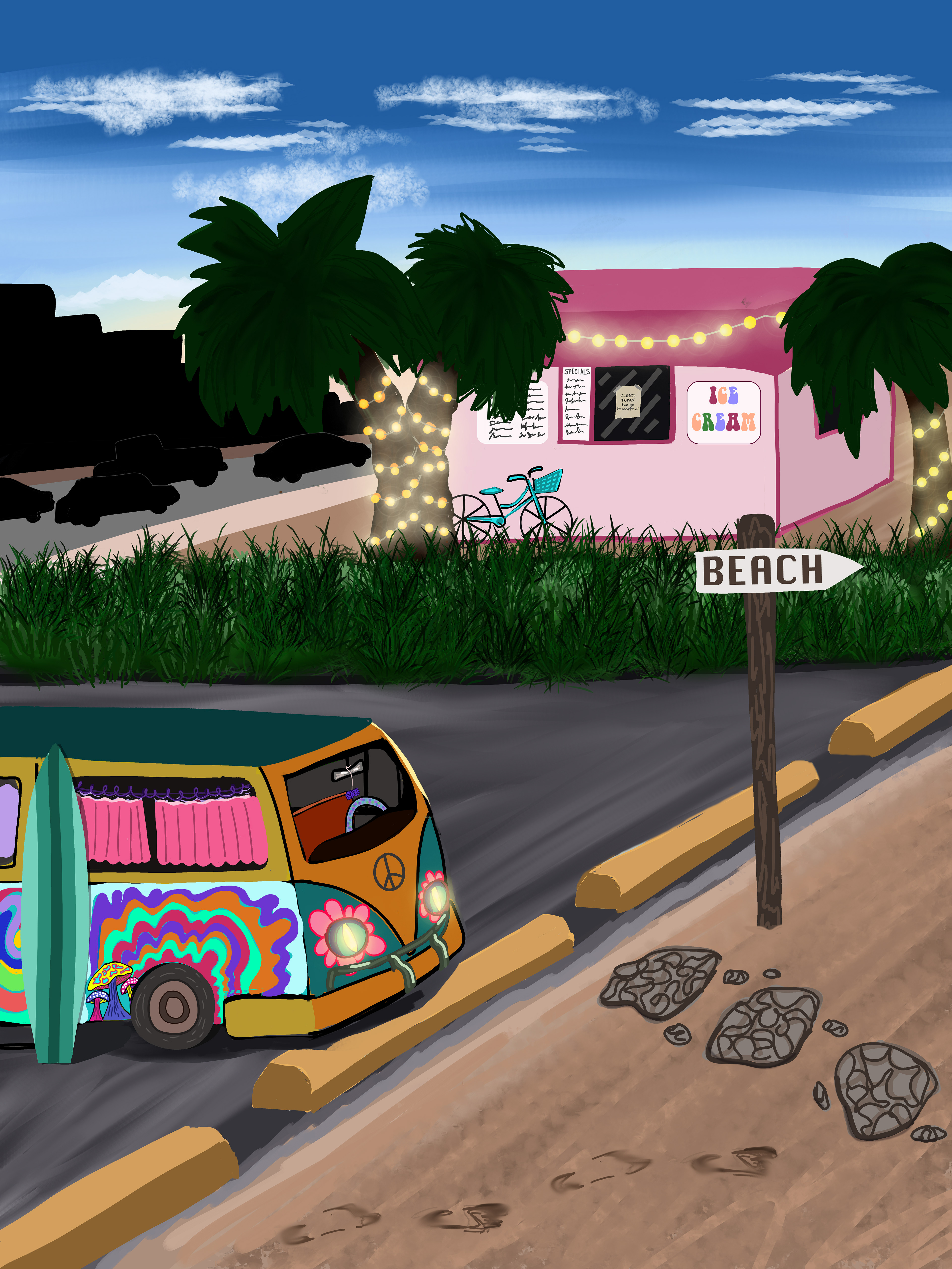 HIPPIE VAN AT THE BEACH