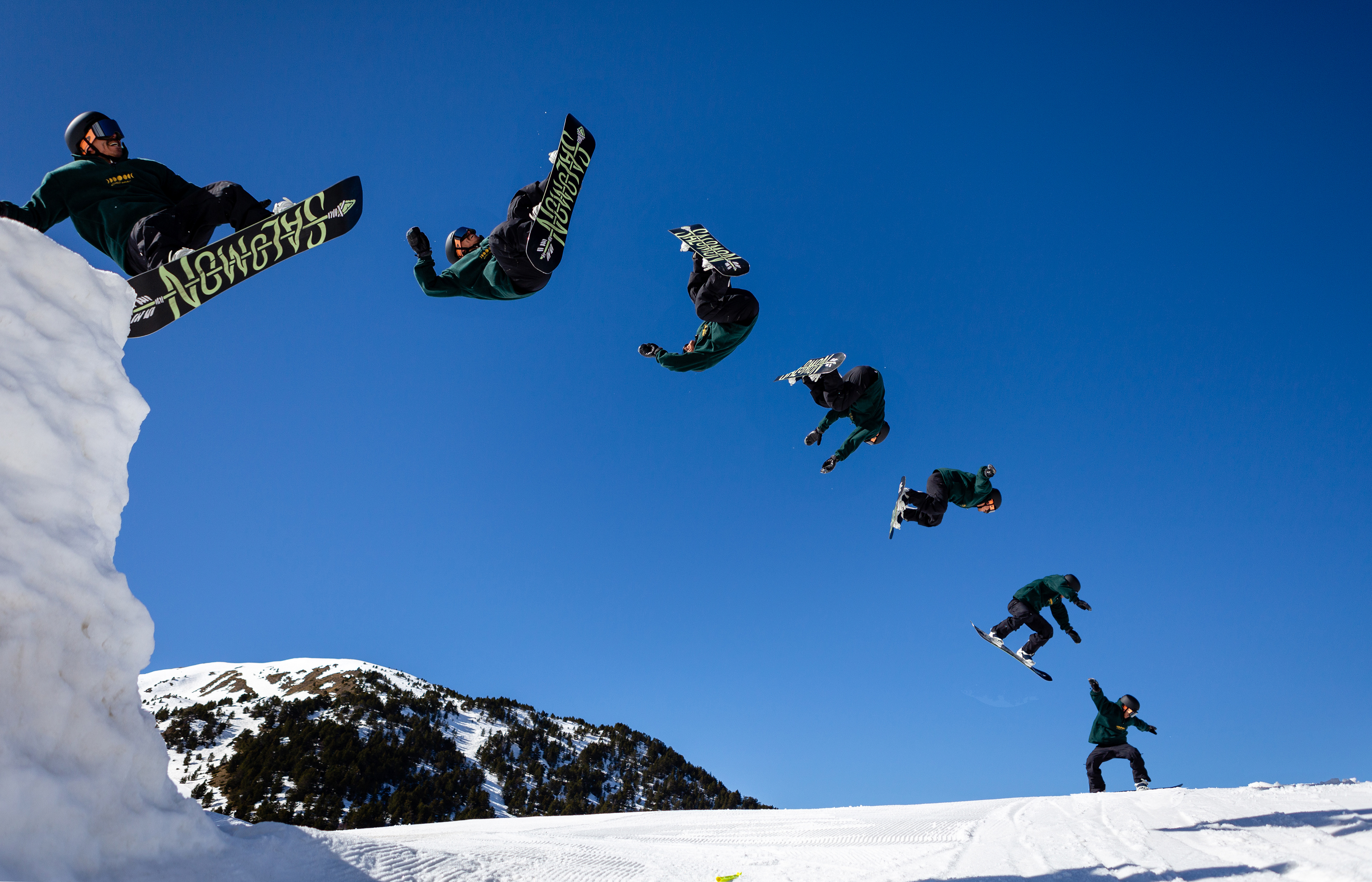 Kevin Leandro Pino training for a snowboard freestyle competitionin el Tarter, Andorra