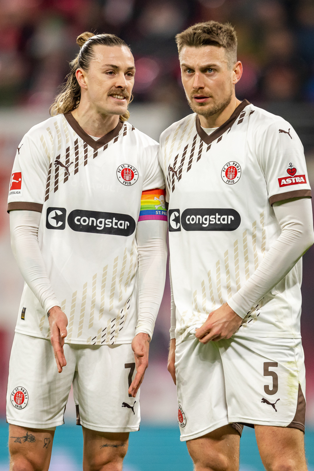 Players of FC St. Pauli during a Bundesliga match against RB Leipzig at the Red Bull Arena, in Leipzig, Germany