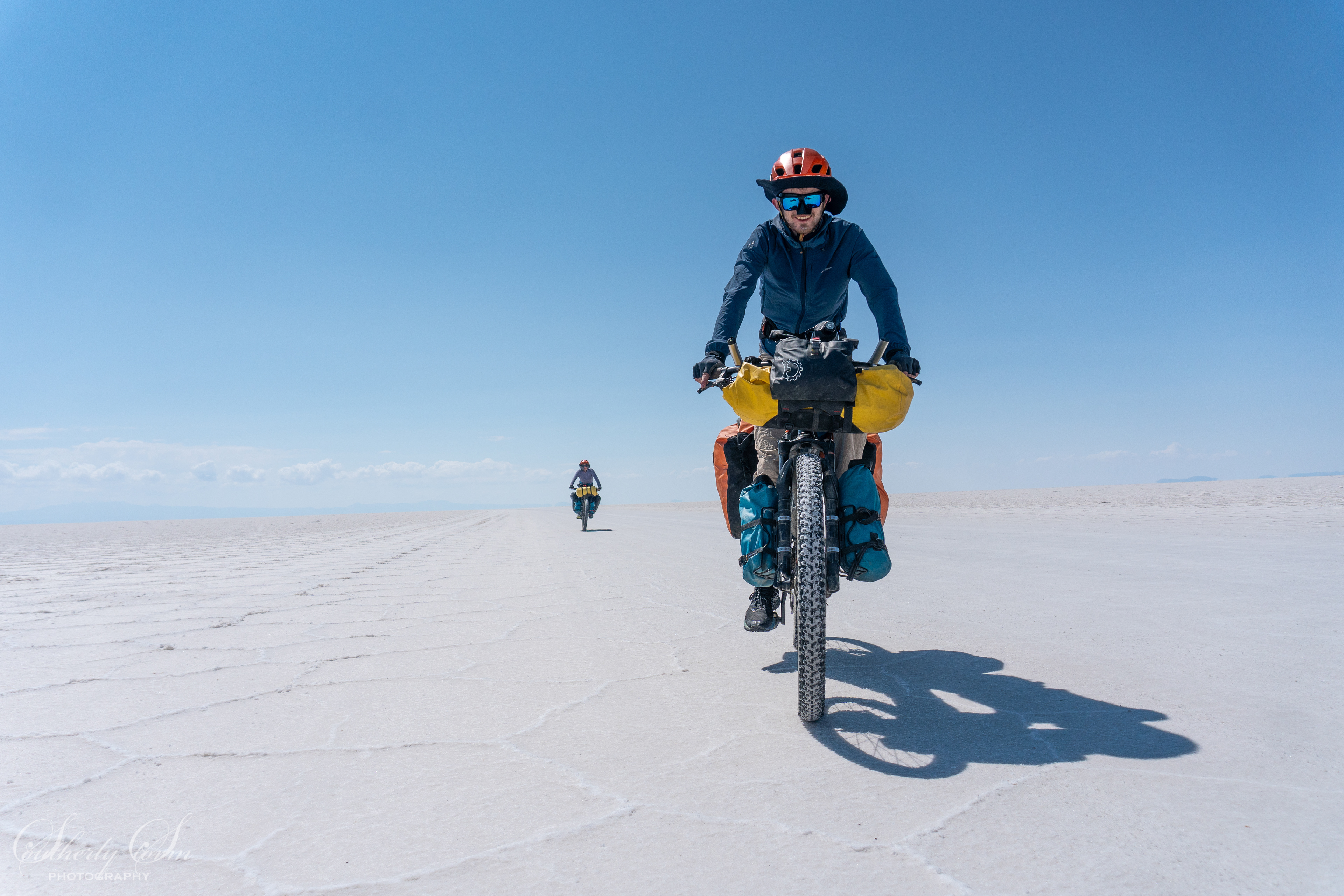 Dougal Hilson bikepacking on the salt-flat
