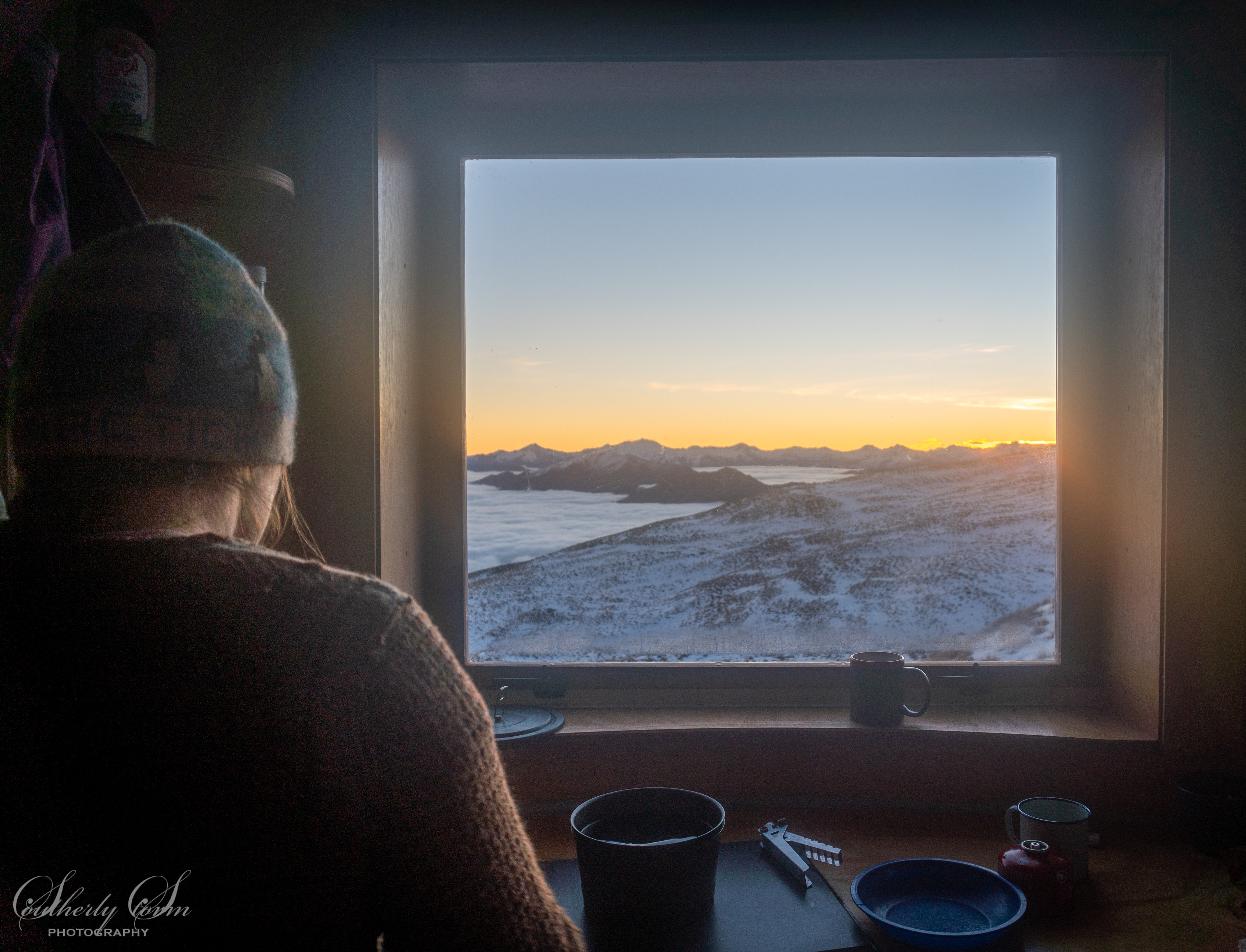 View out the window at sunset