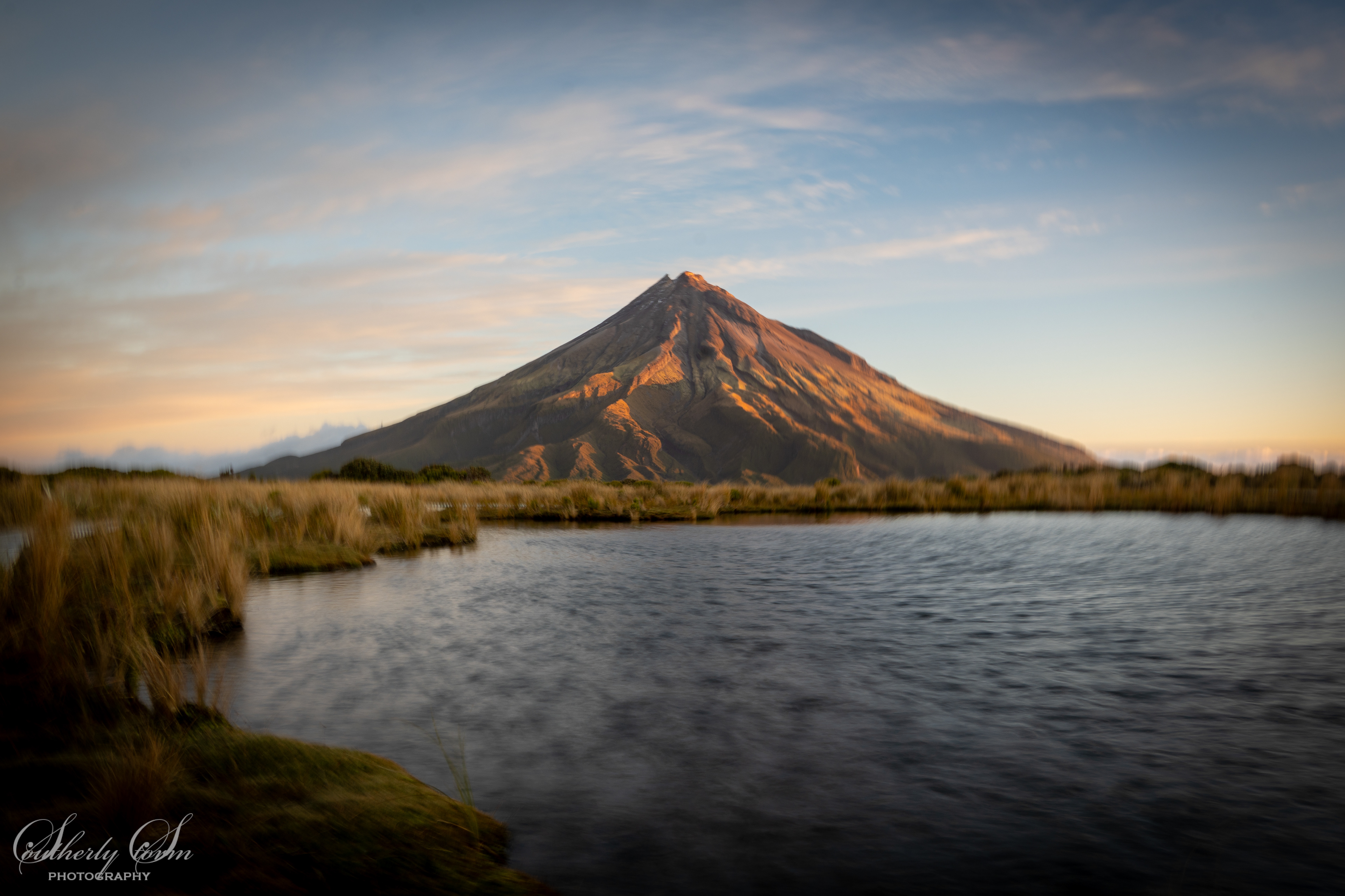 Evening light on Mt Taranaki from Pouakai Tarn