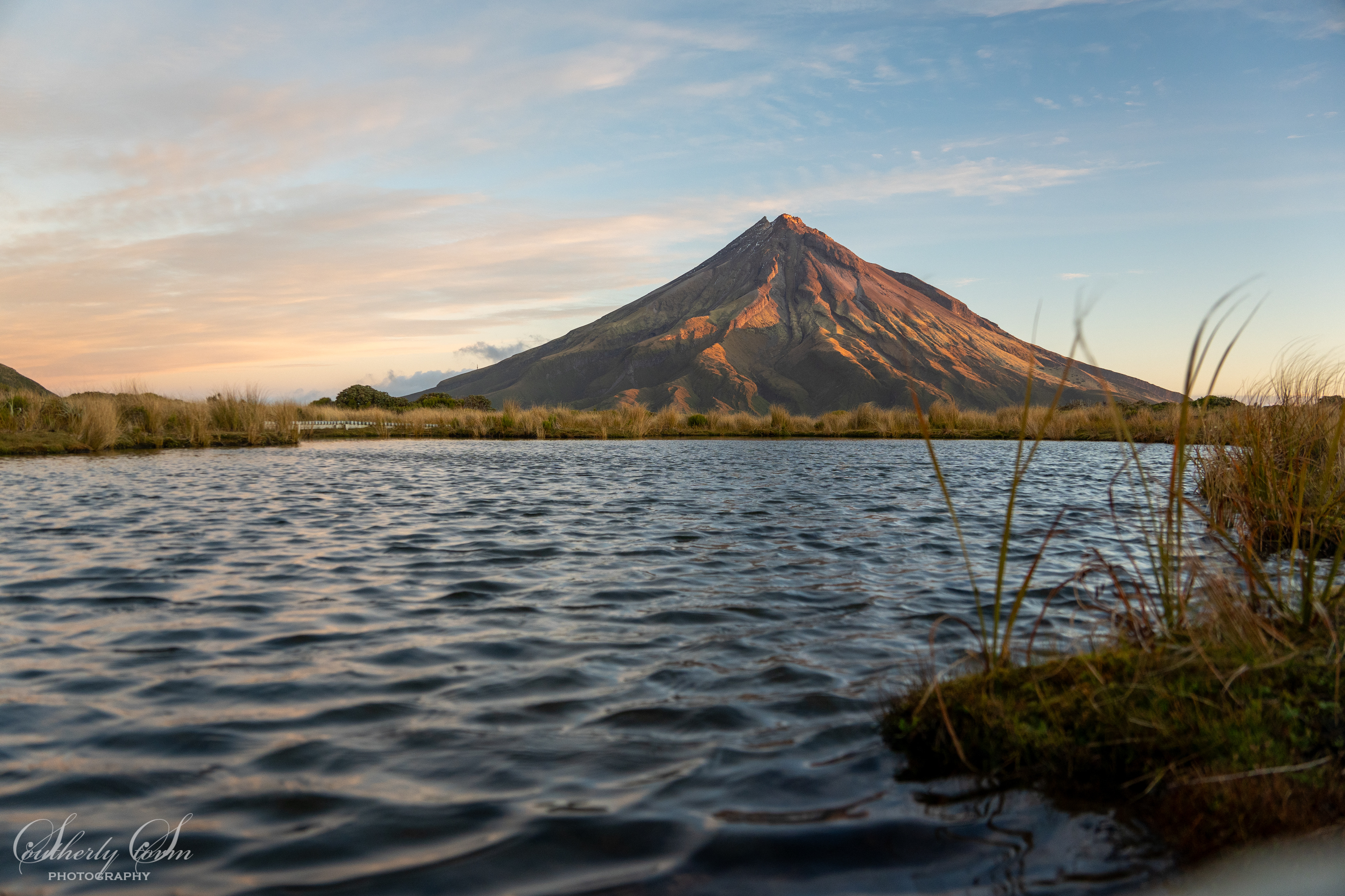 Evening light on Mt Taranaki from Pouakai Tarn