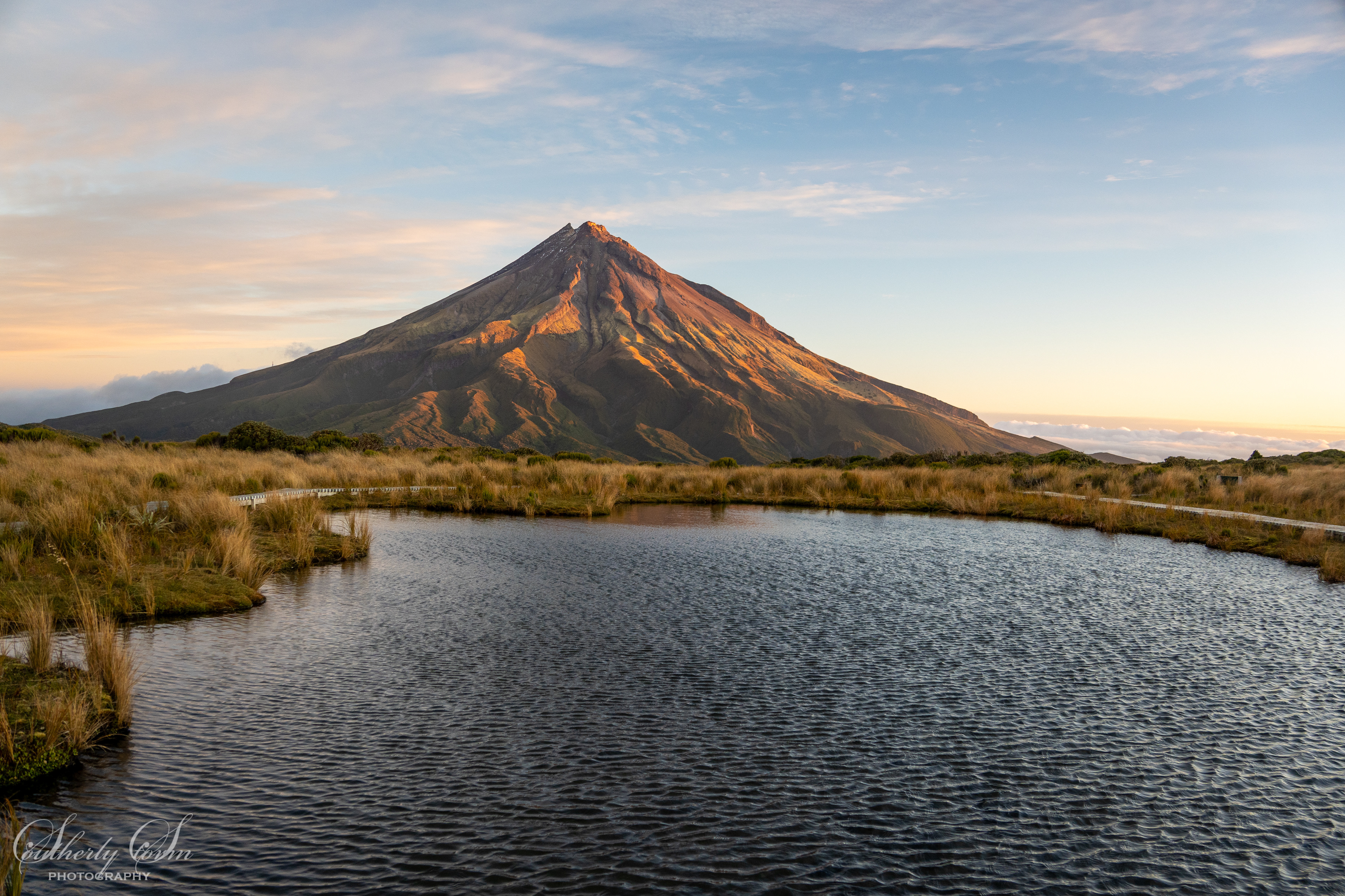 Evening light on Mt Taranaki from Pouakai Tarn