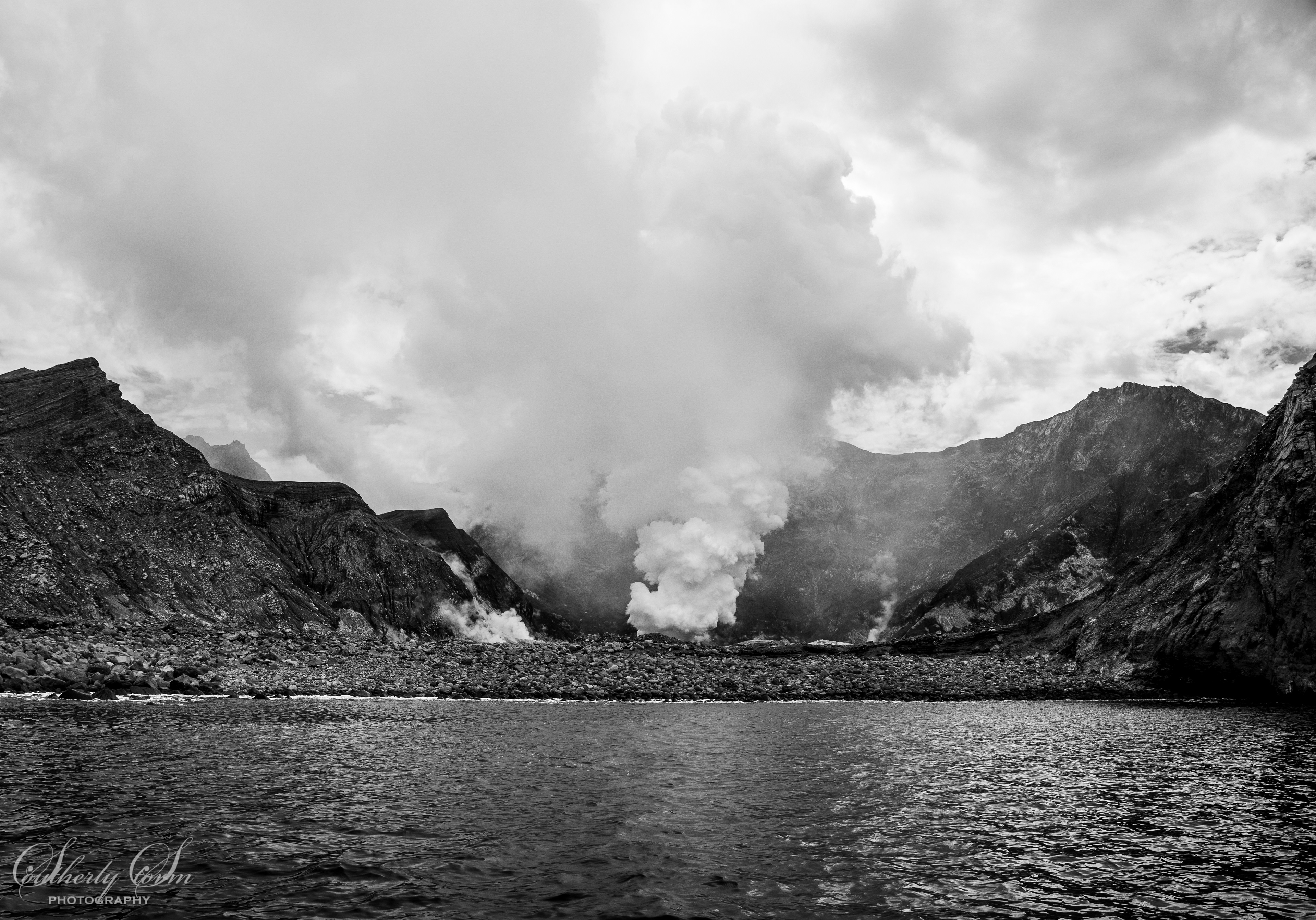 Whakaari white island in black and white