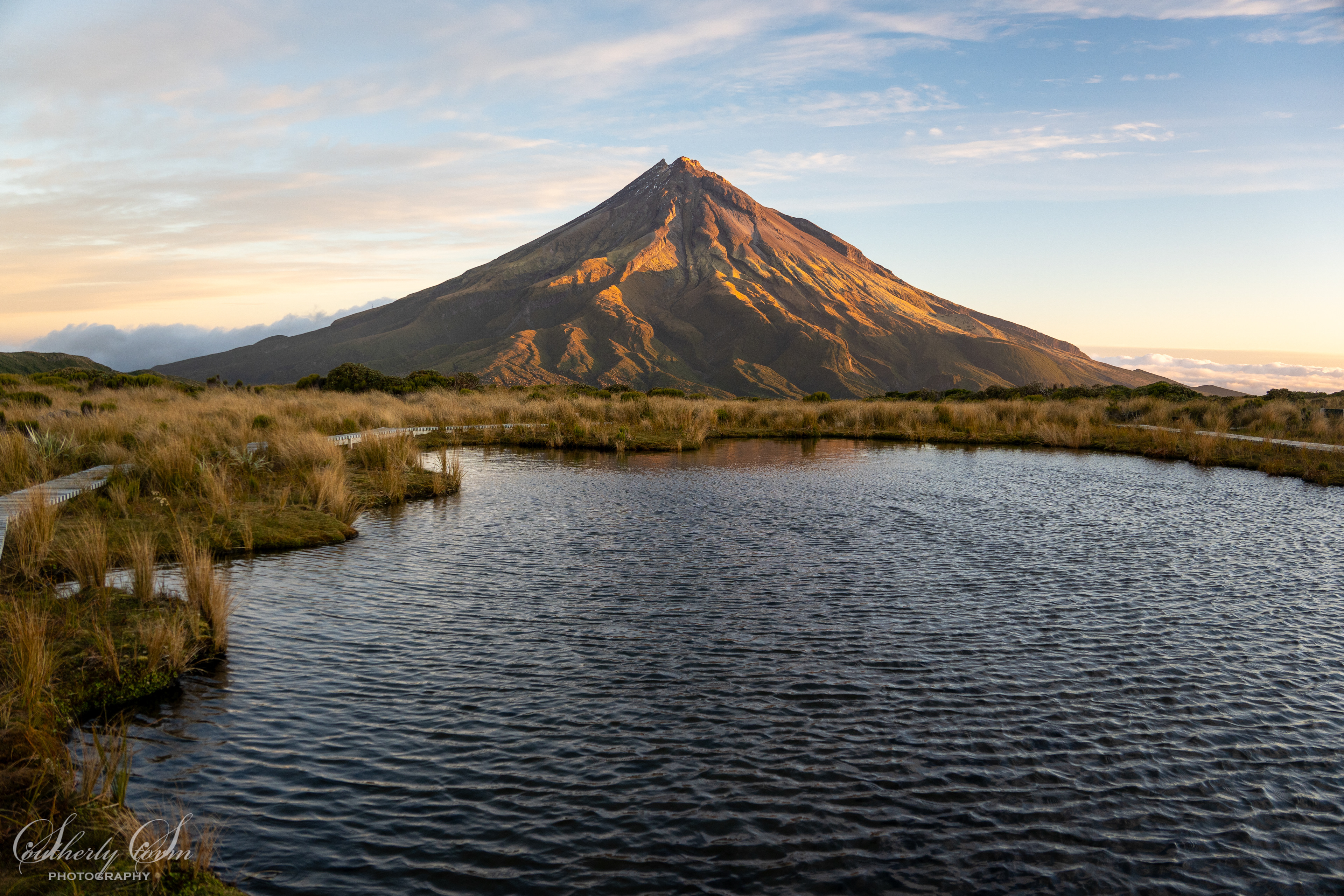 Evening light on Mt Taranaki from Pouakai Tarn