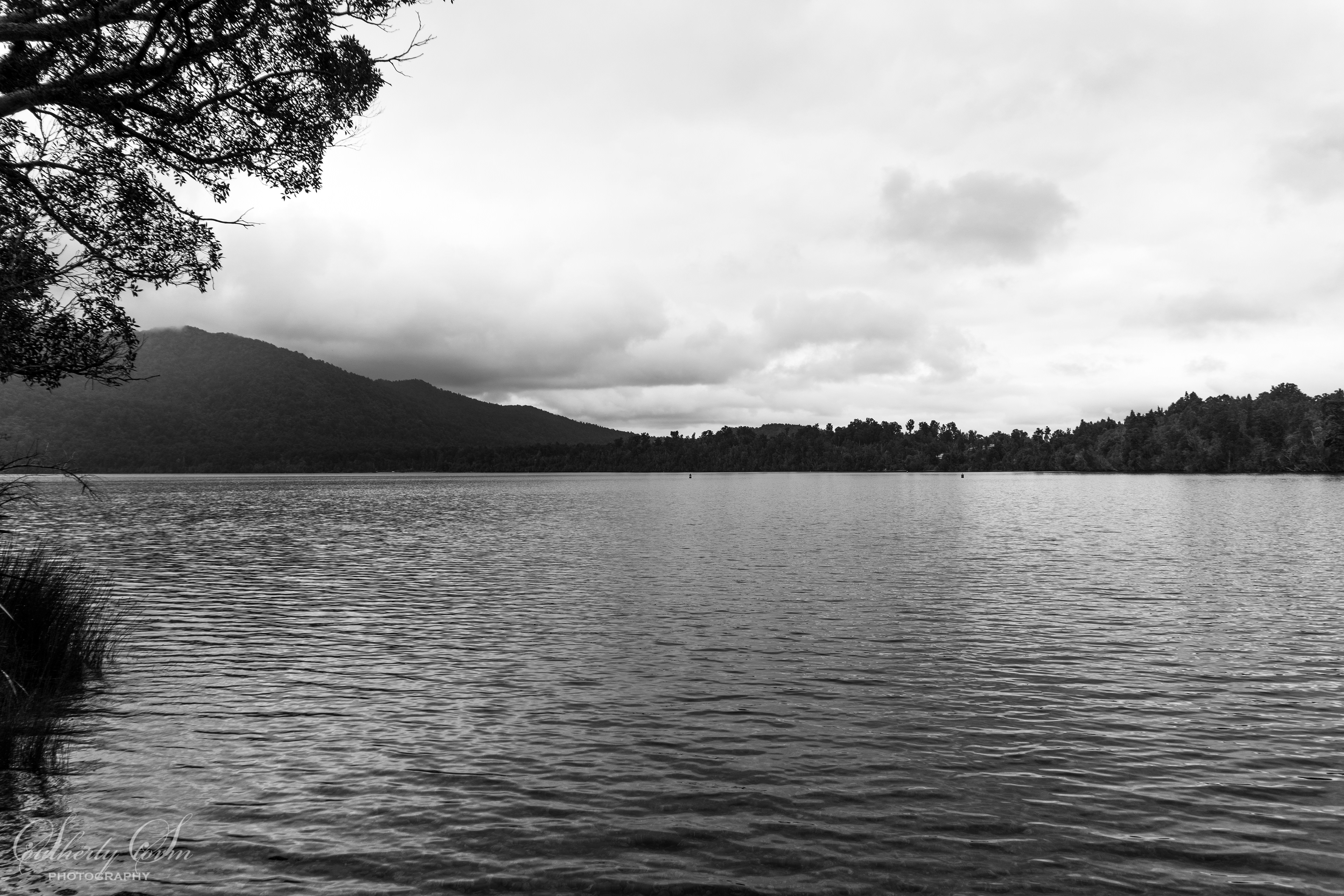 Black and white photo of Lake Kaniere