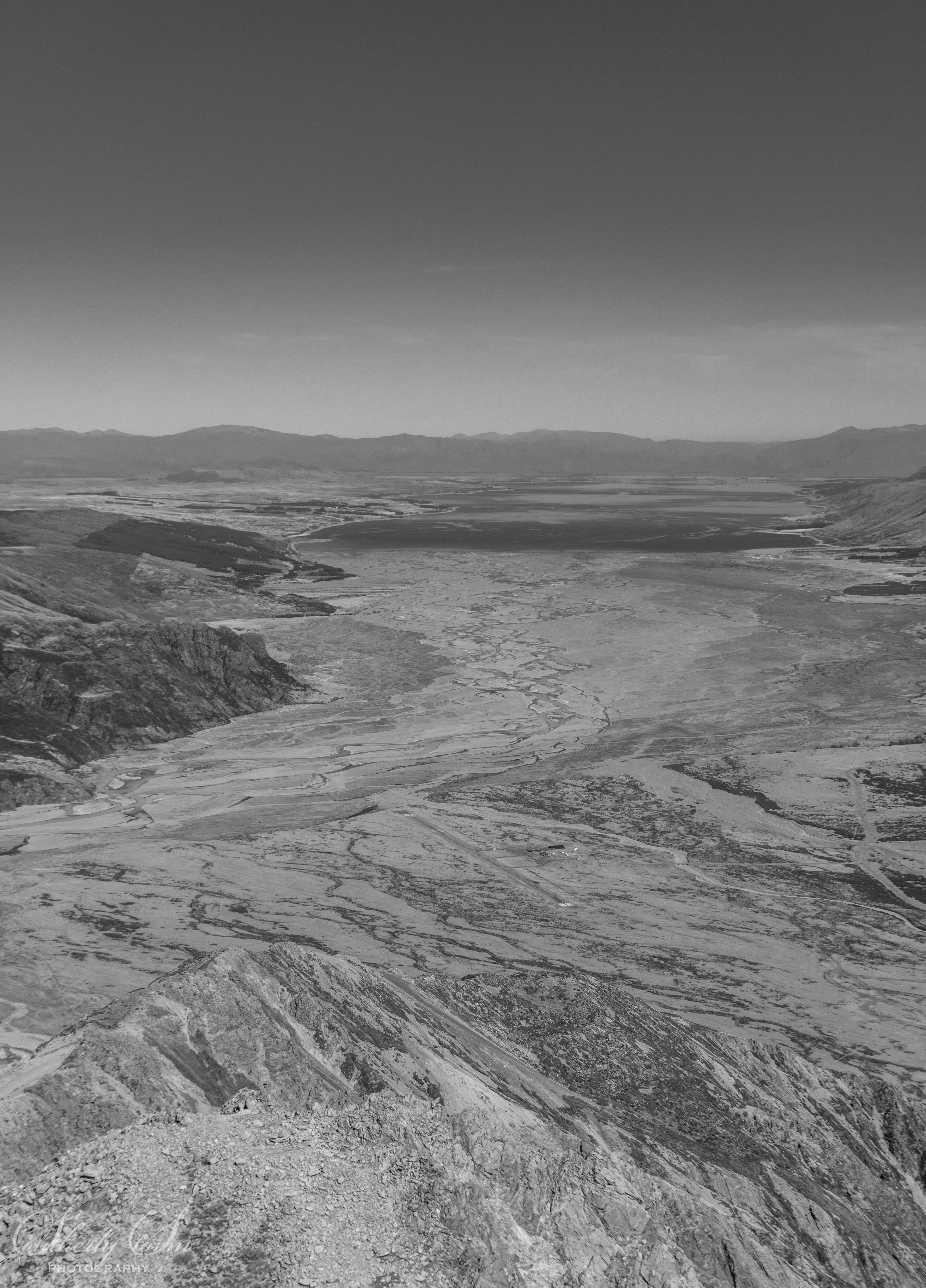 Black and white photo looking towards Lake Pukaki