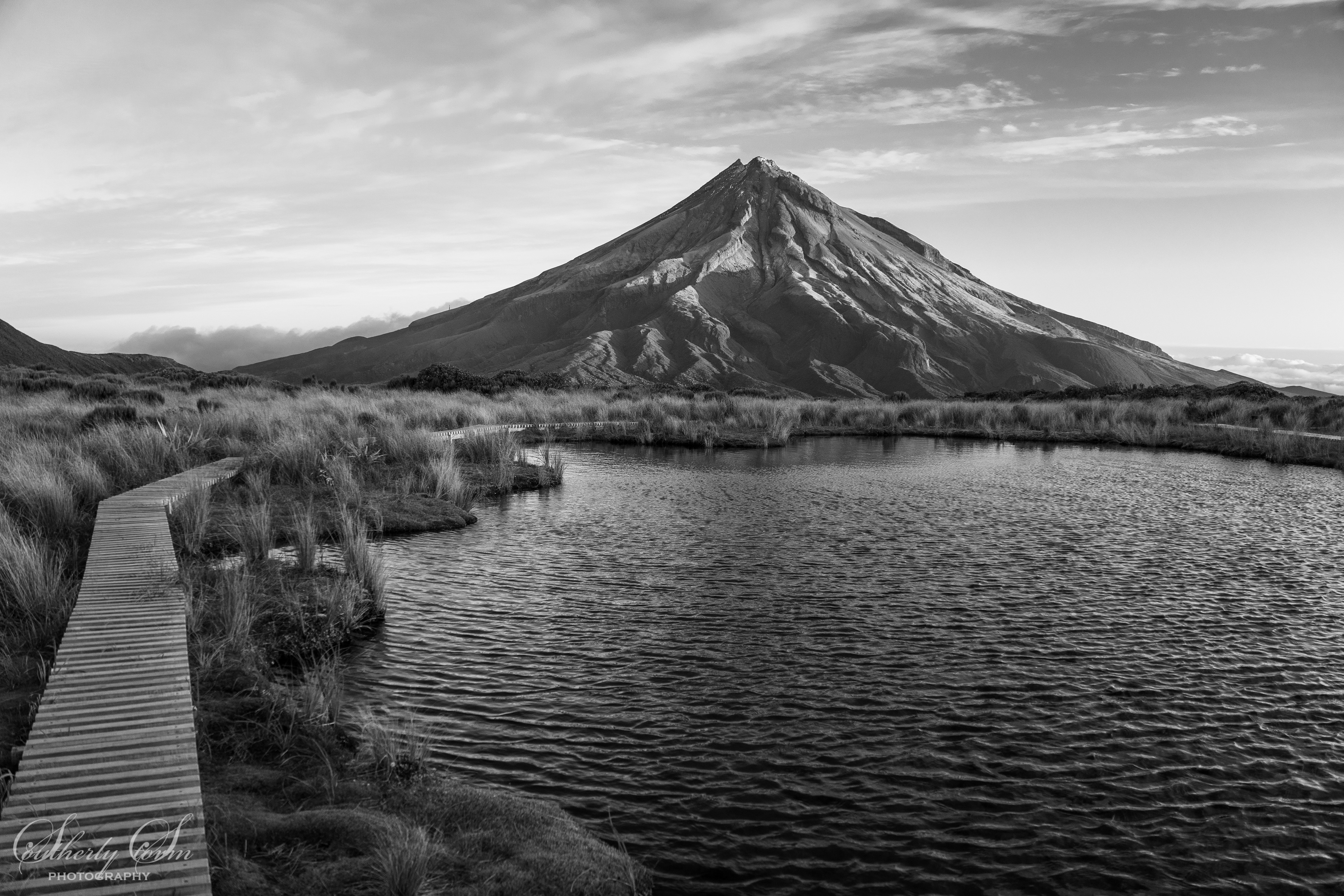 Mt Taranaki and Pouakai Tarn in black and white