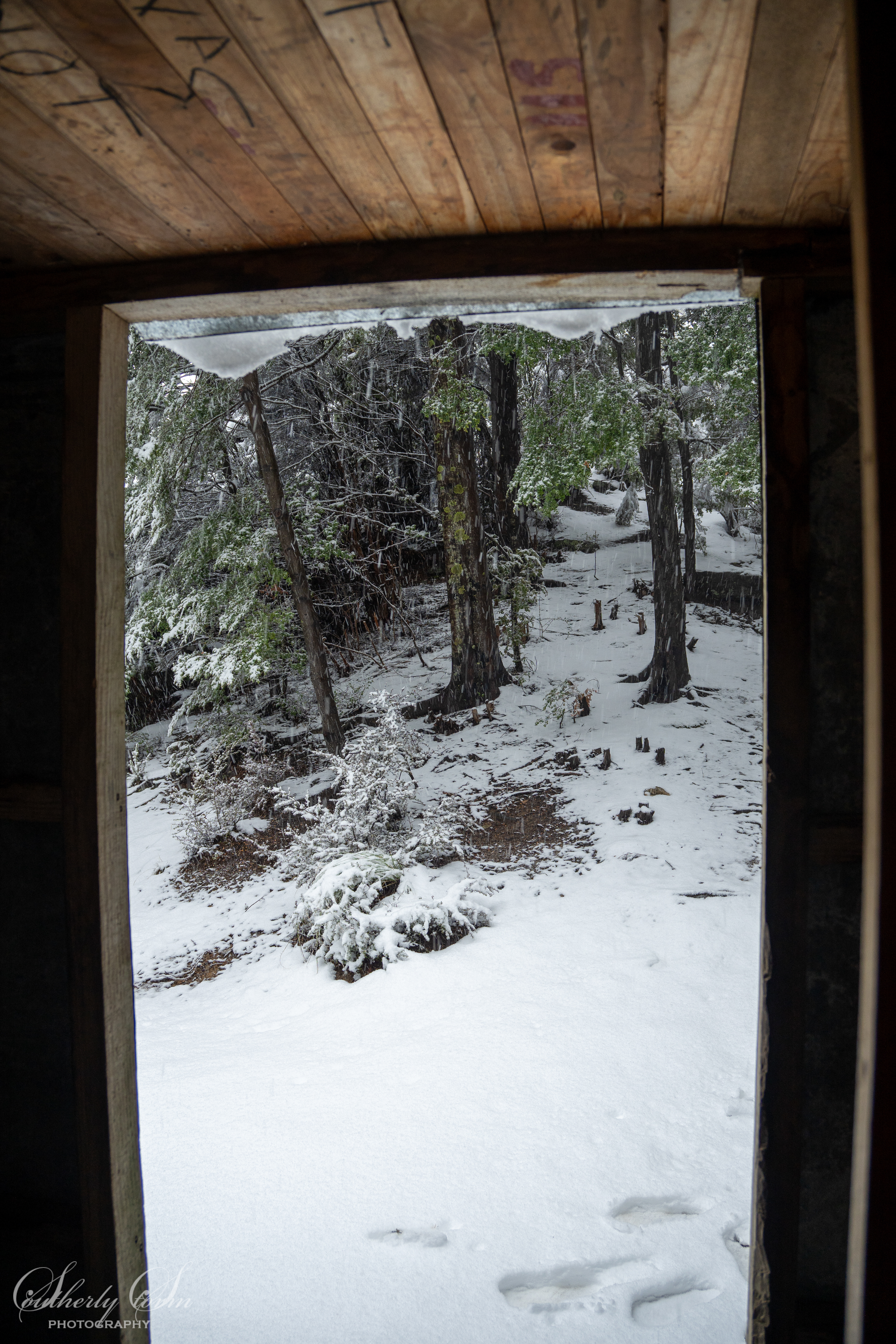 Fresh snow at Sawyer Burn Hut - seen through the open doorway