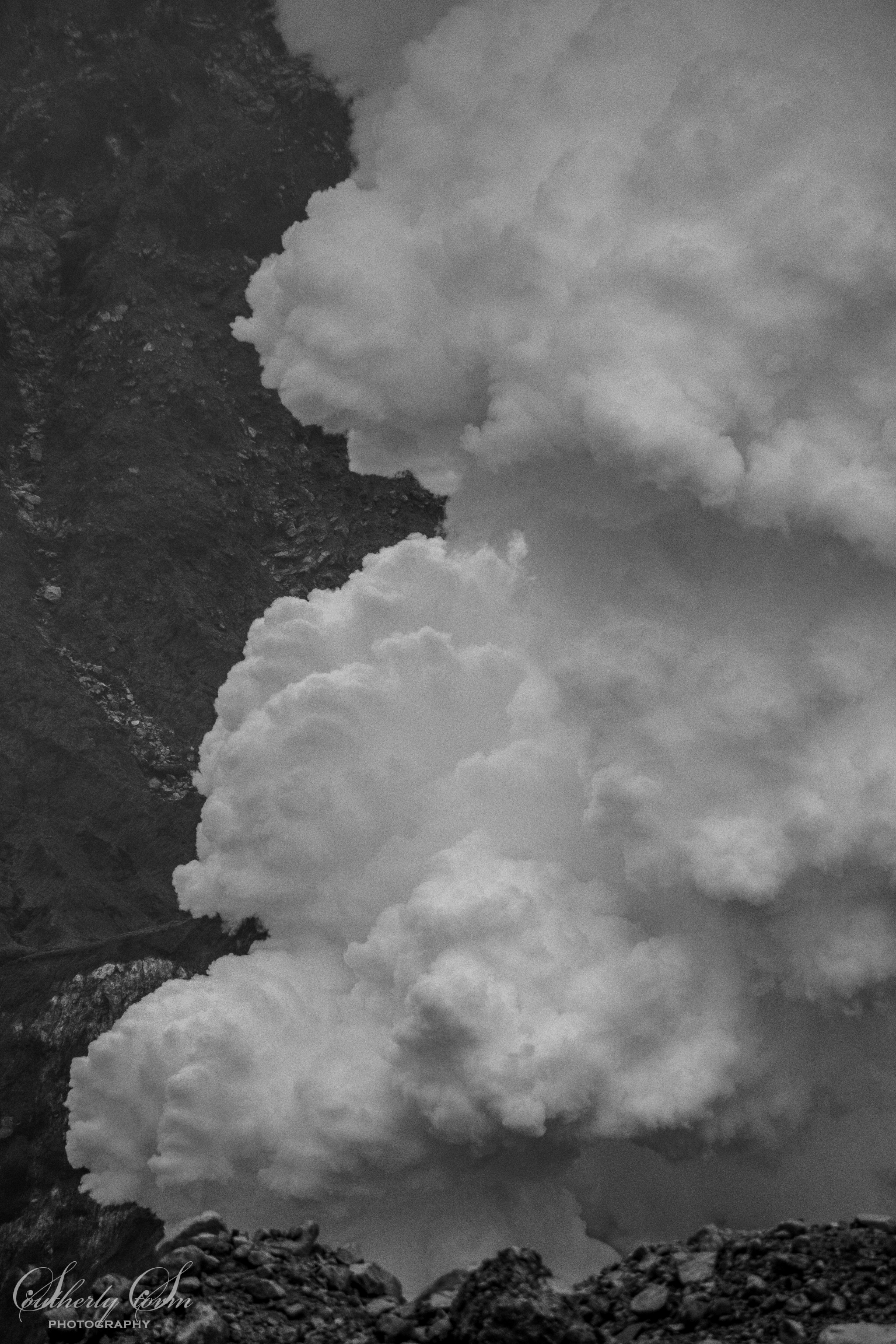 Black and white steam cloud Whakaari